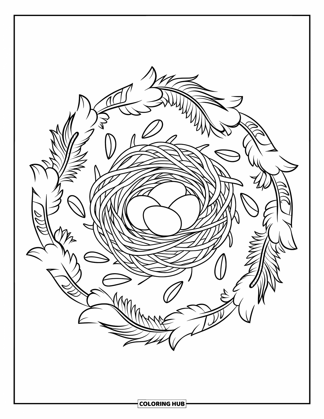 Spring Mandala Coloring Page for Kids: A nest of eggs sits inside a detailed mandala of spring feathers and vines