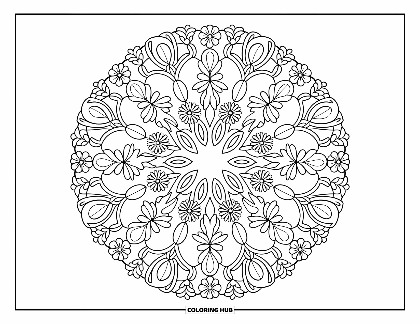 Spring Mandala Coloring Page for Kids: A spring wreath of flowers and vines creates a detailed mandala design
