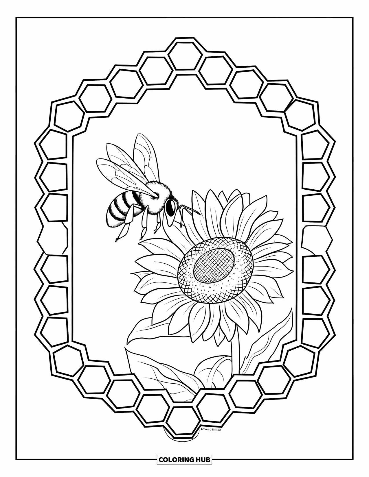 Spring Mandala Coloring Page for Kids: Bee collects nectar from sunflower in a hexagon mandala design