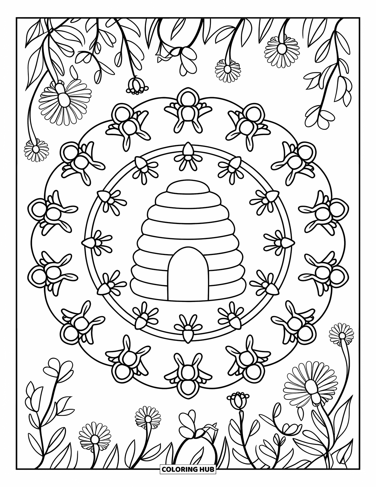 Spring Mandala Coloring Page for Kids: Beehive sits in the center of a mandala with bees flying around in circles