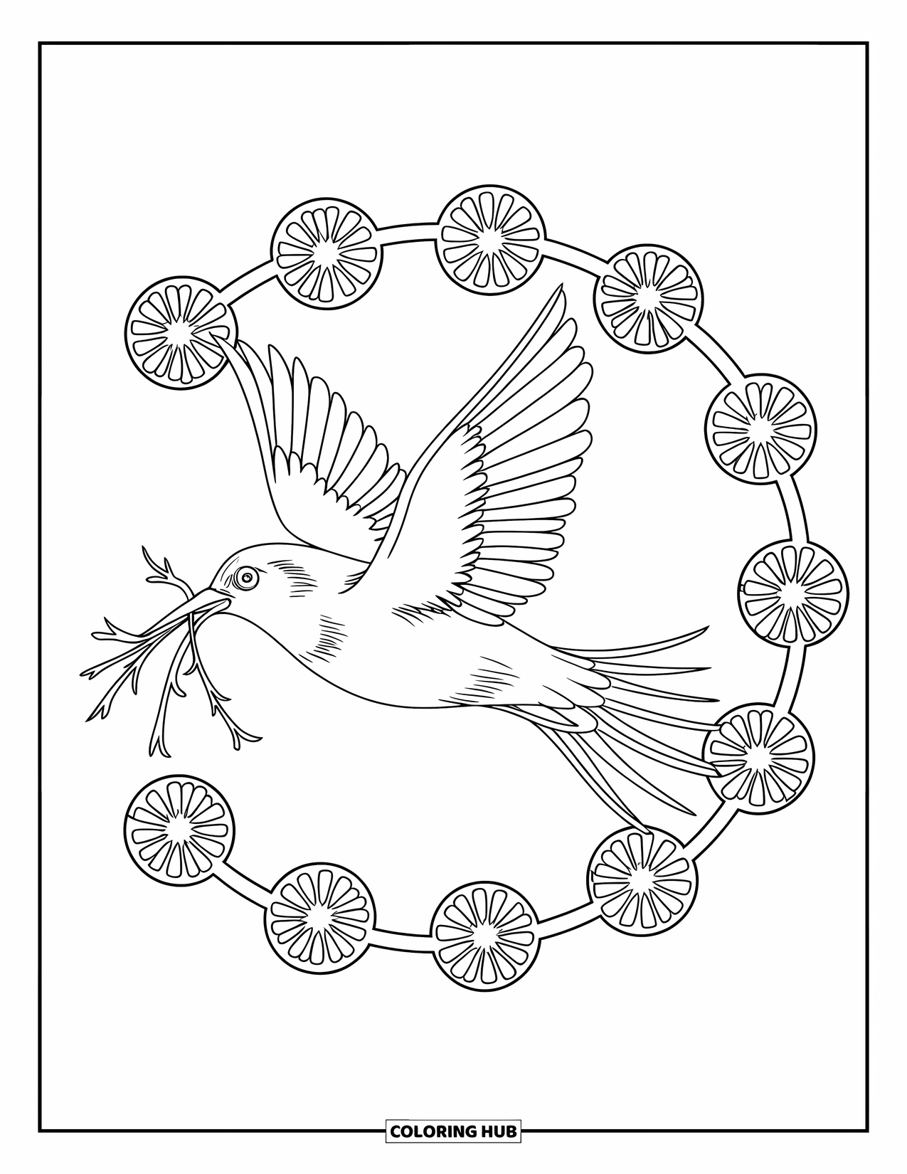 Spring Mandala Coloring Page for Kids: Bird flies with twigs in its beak, framed by a floral mandala