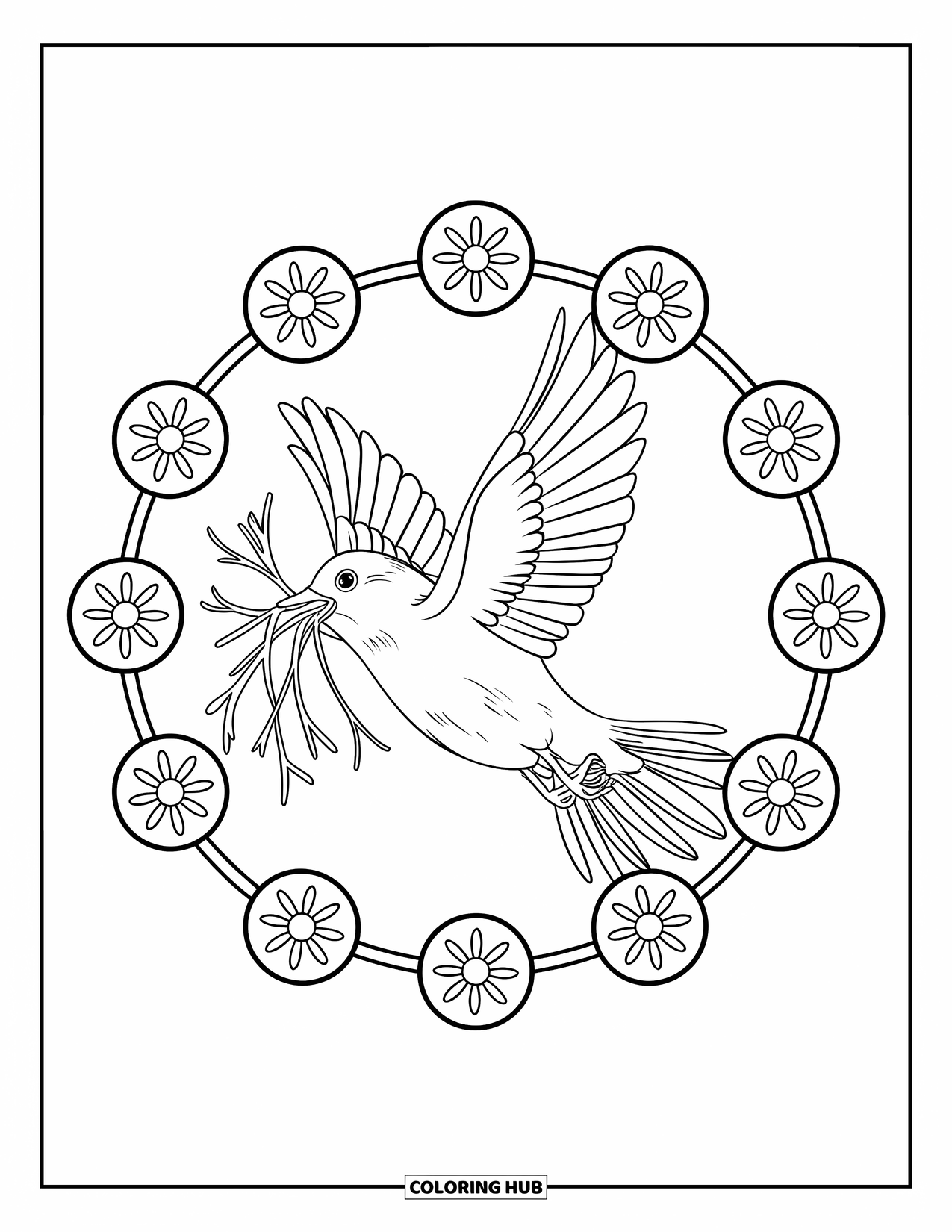 Spring Mandala Coloring Page for Kids: Bird in flight with twigs is framed by petals and spring mandala curls