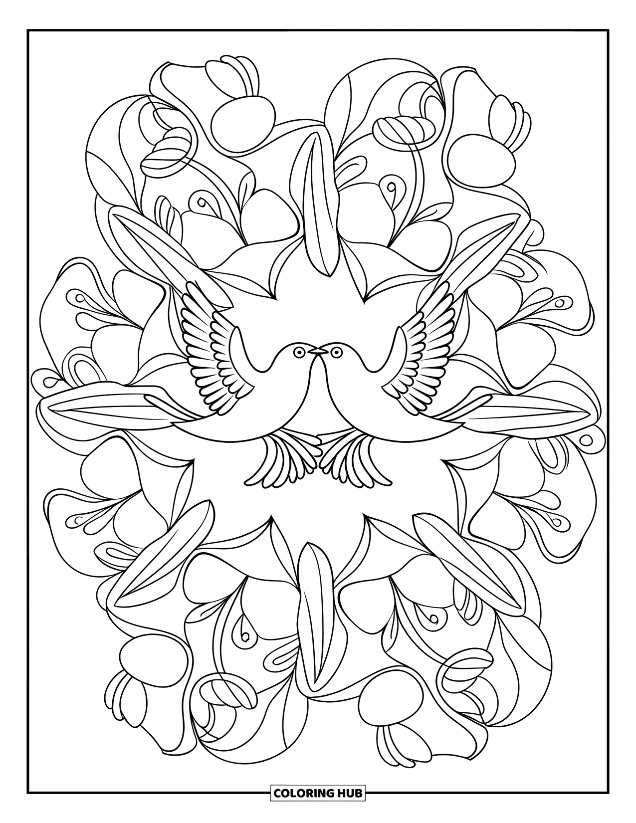 Spring Mandala Coloring Page for Kids: Bird pair flies in opposite directions inside a petal and stem mandala