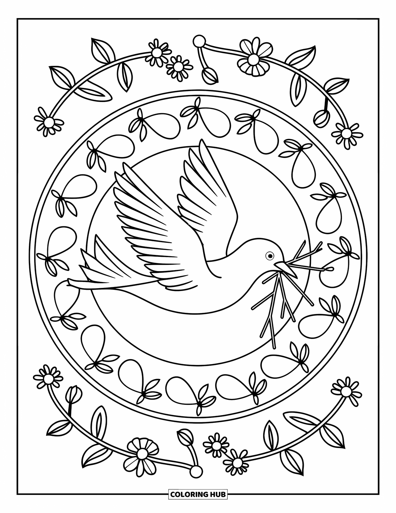 Spring Mandala Coloring Page for Kids: Bird with twigs soars inside a floral mandala with leaves and buds