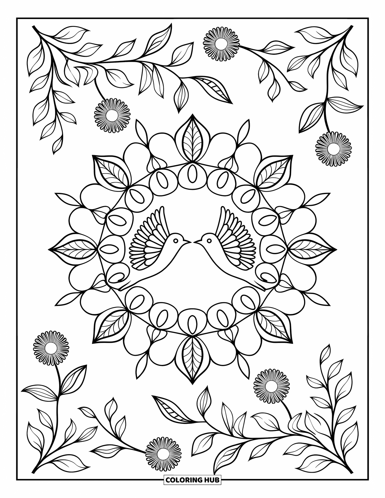 Spring Mandala Coloring Page for Kids: Birds fly in spring mandala surrounded by flowers, branches, and curling vines
