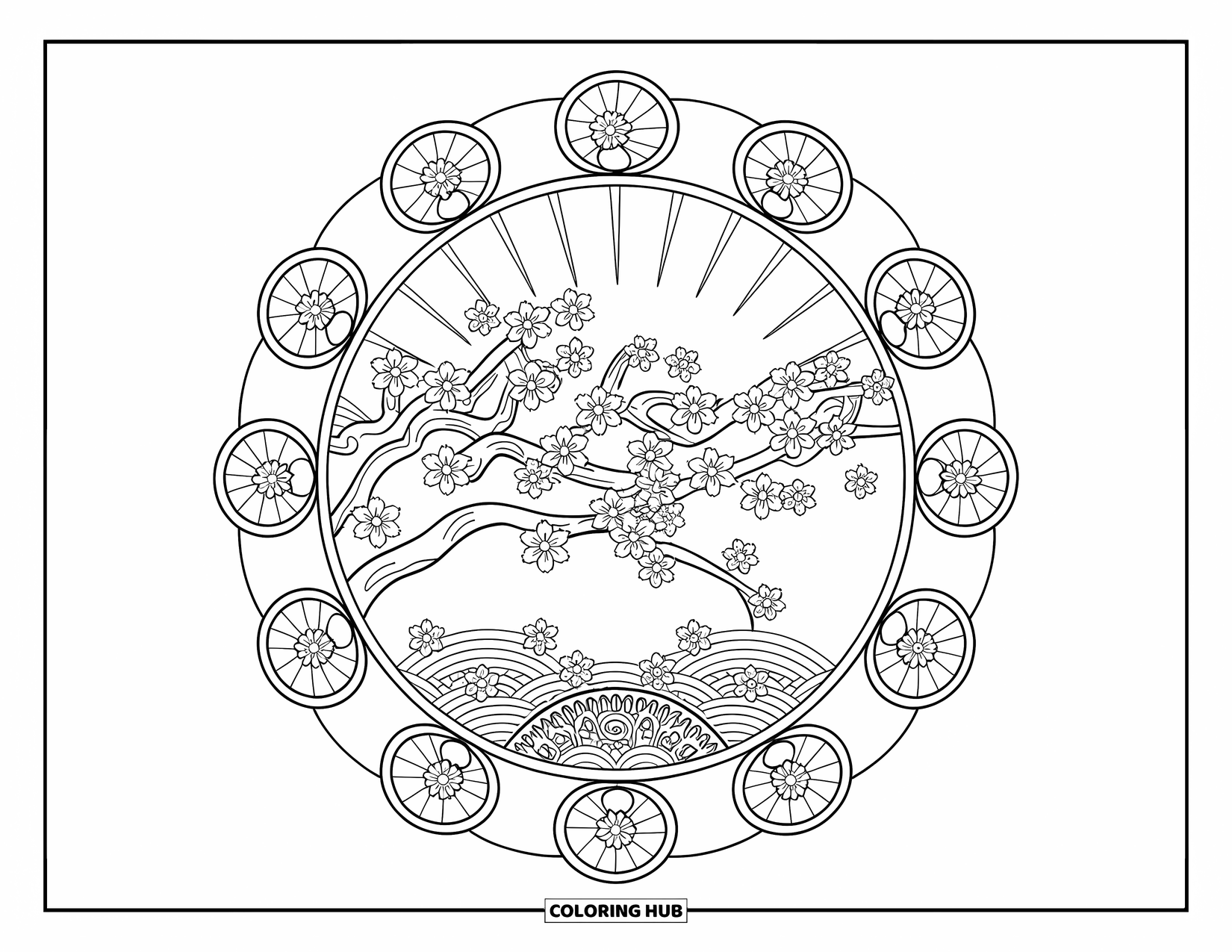 Spring Mandala Coloring Page for Kids: Blossoming branch rests inside a circle of flowers and sunny mandala rays