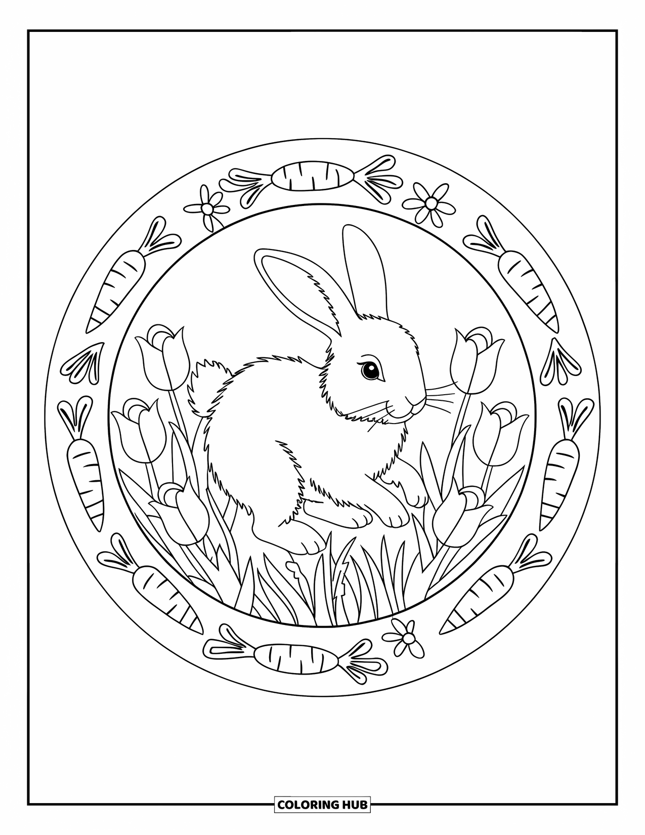 Spring Mandala Coloring Page for Kids: Bunny hops through tulips in a mandala of carrots and spring blooms