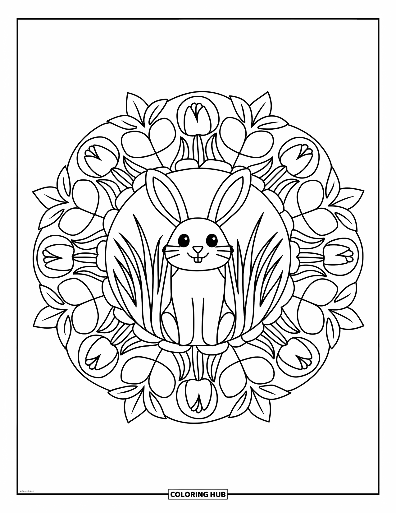 Spring Mandala Coloring Page for Kids: Bunny in grass is centered in a mandala of tulips and spring veggies