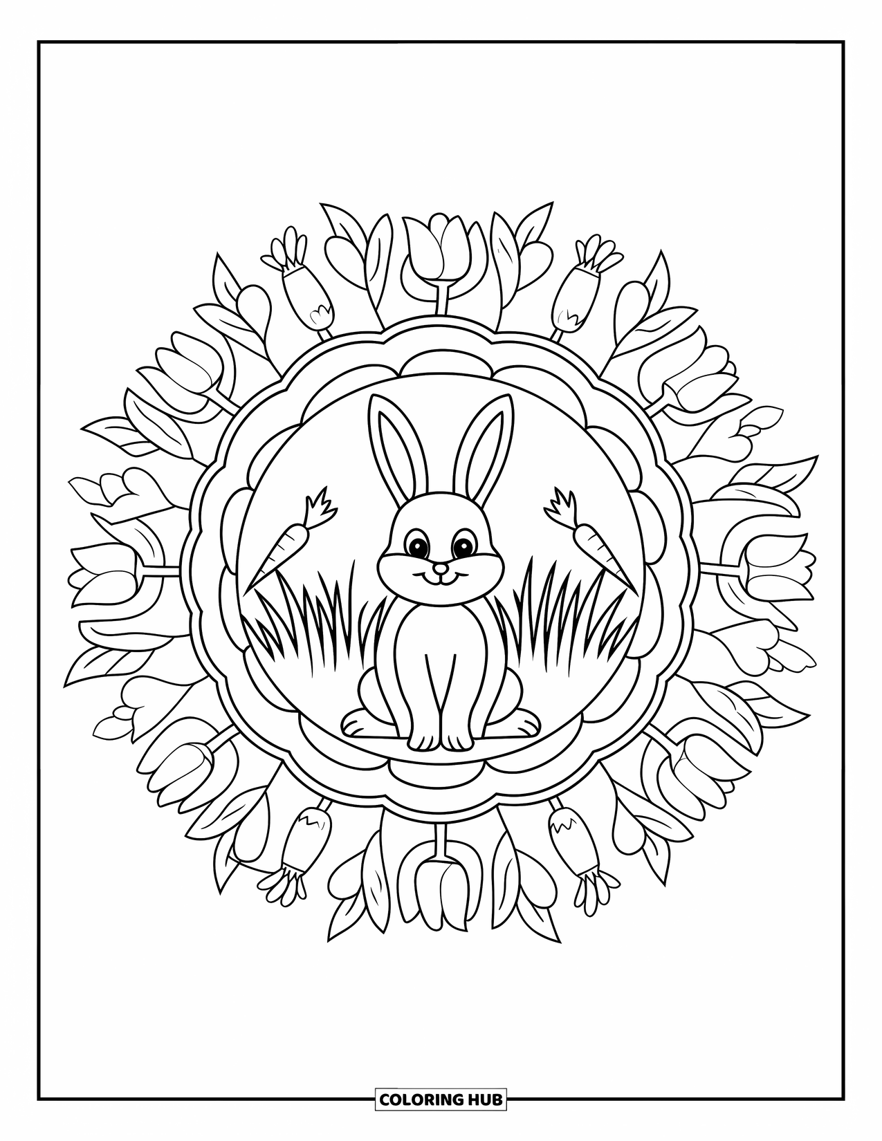 Spring Mandala Coloring Page for Kids: Bunny sits at the heart of a spring mandala filled with blooms and carrots