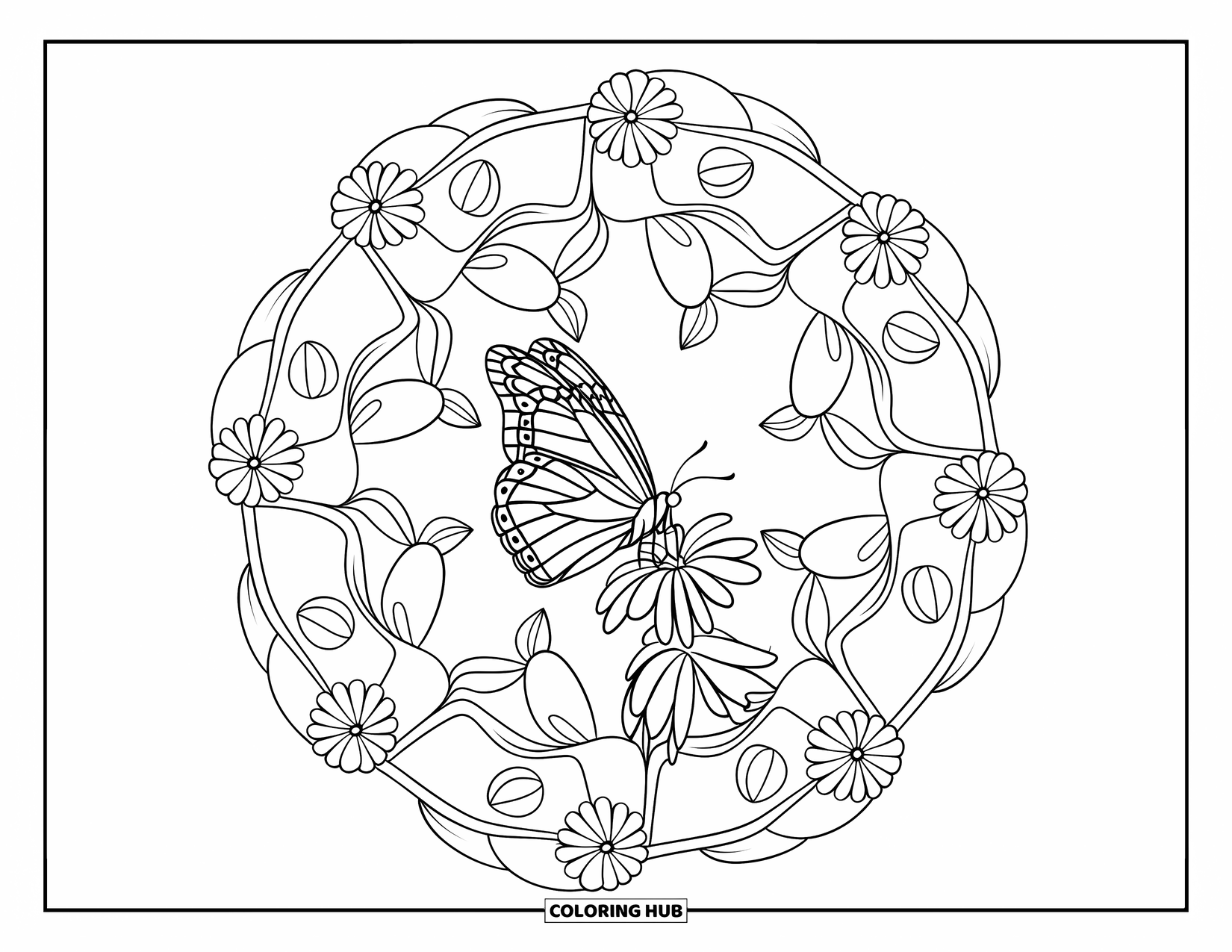 Spring Mandala Coloring Page for Kids: Butterfly perches in a spring mandala of flowers and curling vines