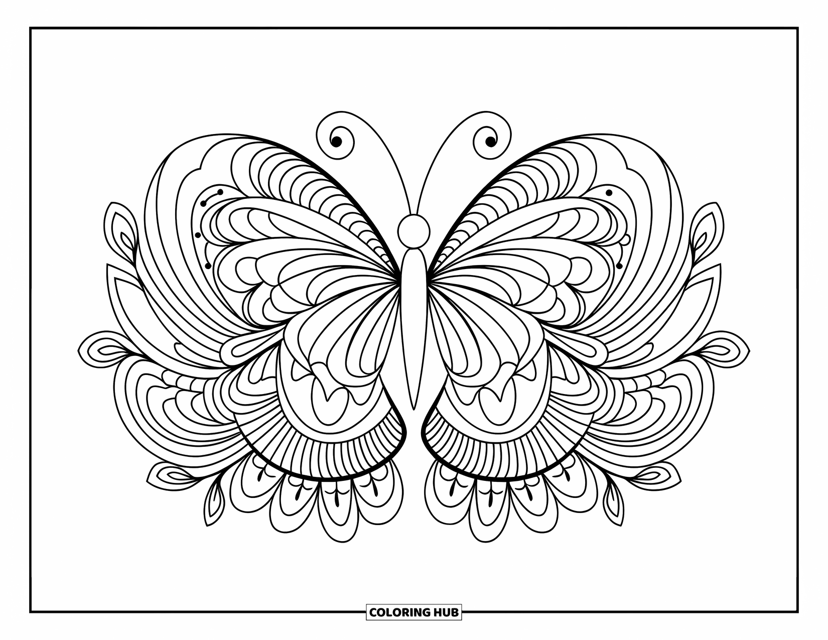 Spring Mandala Coloring Page for Kids: Butterfly with patterned wings sits at the center of a floral and vine mandala