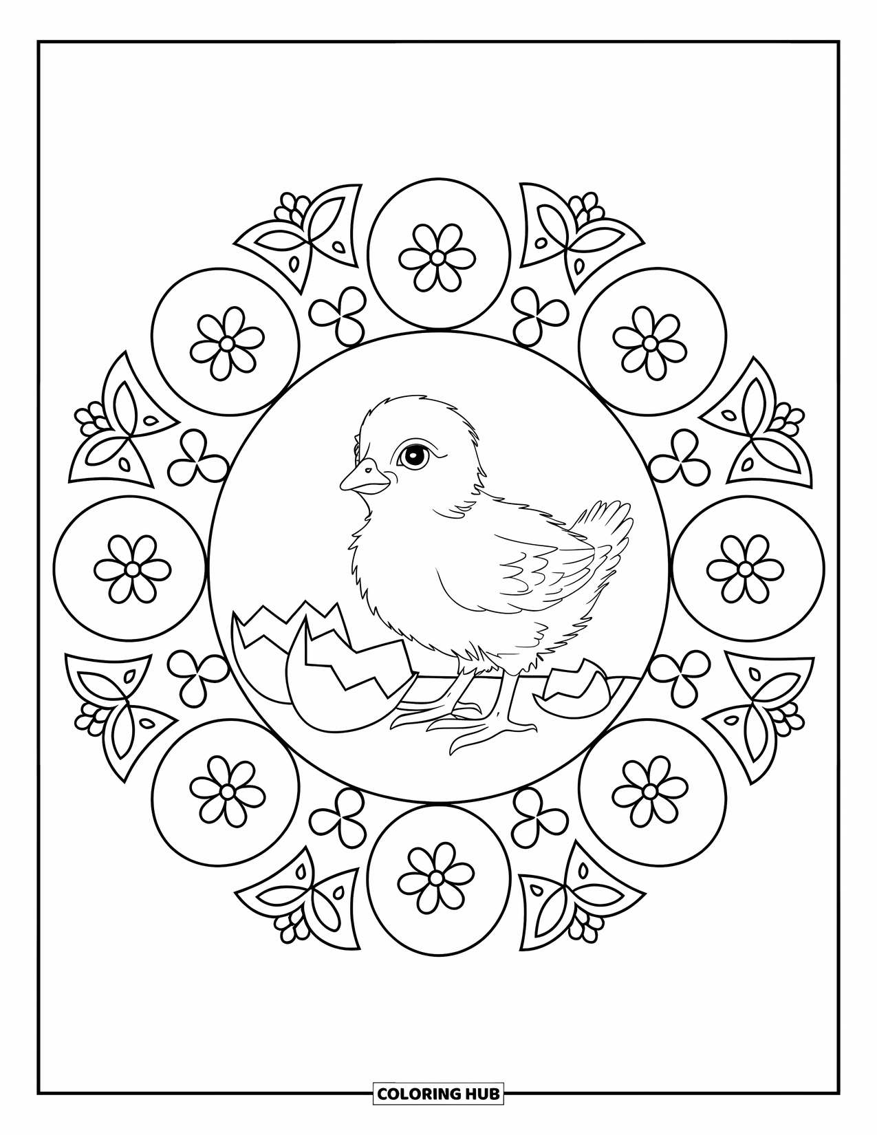 Spring Mandala Coloring Page for Kids: Chick stands near eggshells inside a mandala of flowers and spring eggs
