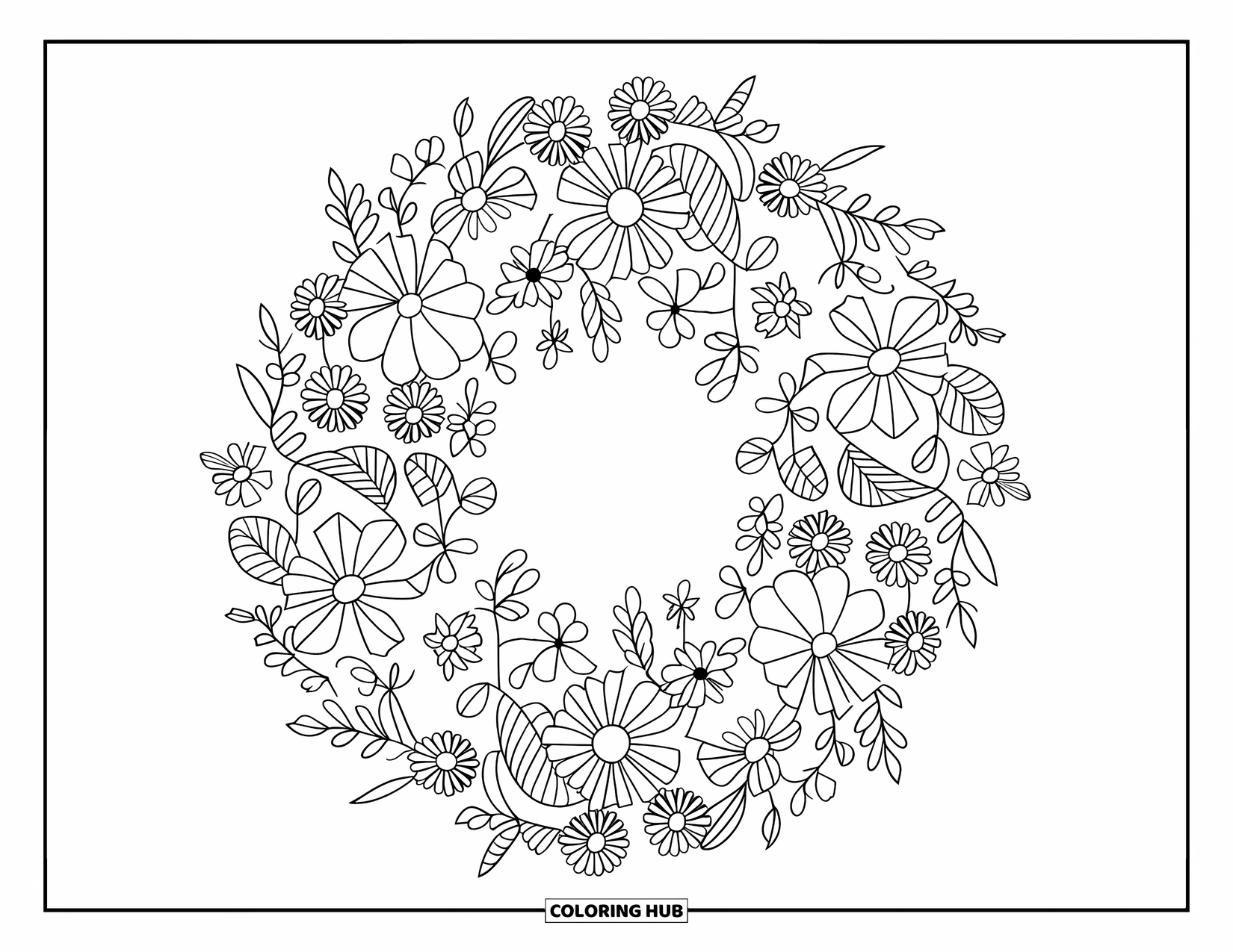 Spring Mandala Coloring Page for Kids: Circular spring wreath of flowers and leaves forms a full mandala with no gaps