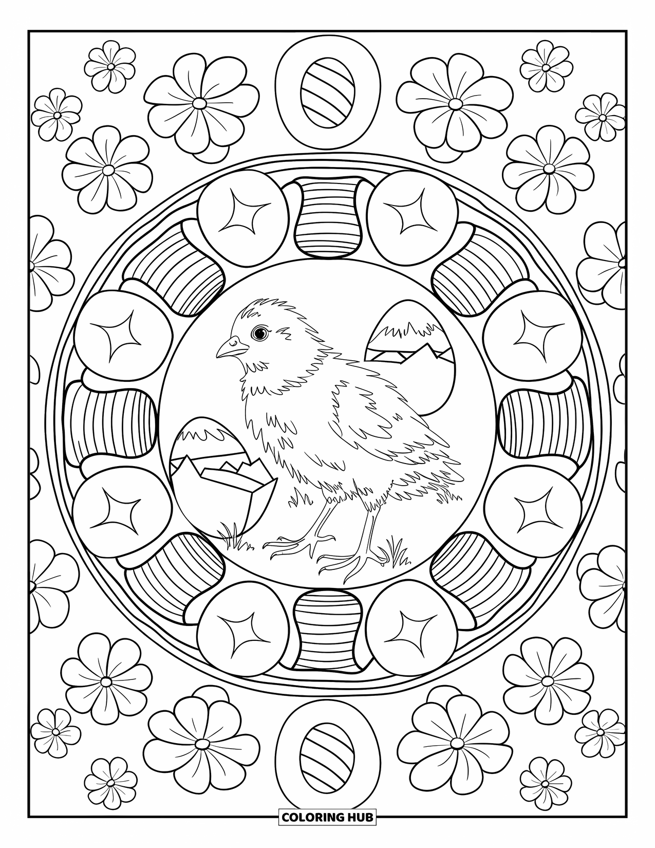Spring Mandala Coloring Page for Kids: Cracked eggs and flowers surround a chick in a cute spring mandala