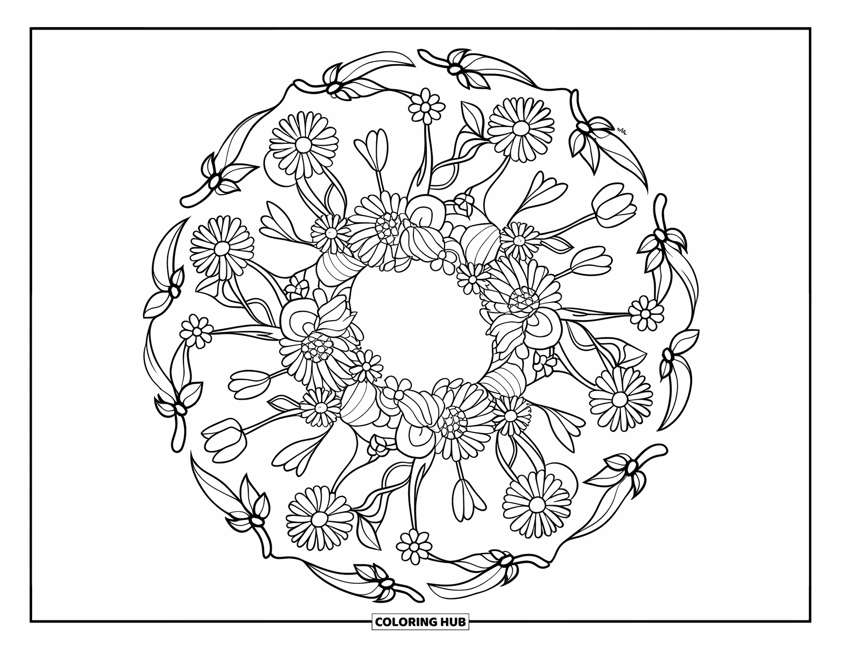 Spring Mandala Coloring Page for Kids: Crown of flowers is framed by a circular mandala of spring blooms and leaves
