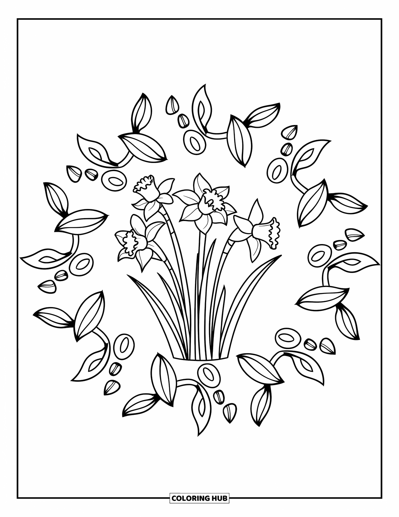 Spring Mandala Coloring Page for Kids: Daffodil bouquet blooms in the center of a mandala with leaves and vines