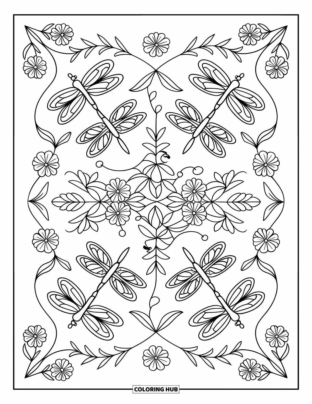 Spring Mandala Coloring Page for Kids: Dragonflies flutter in a dynamic spring mandala made of vines and leaves