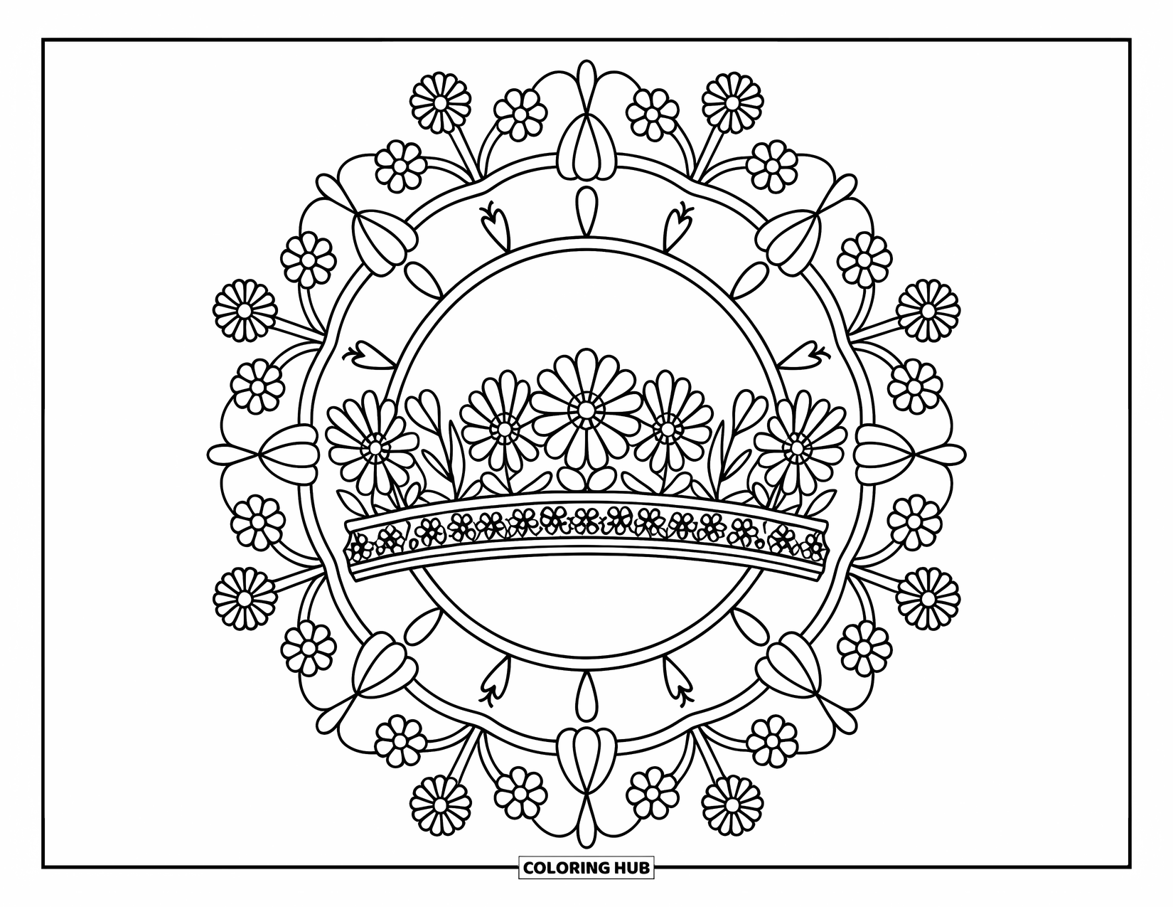 Spring Mandala Coloring Page for Kids: Flower crown sits inside a floral mandala filled with vines and blooming petals