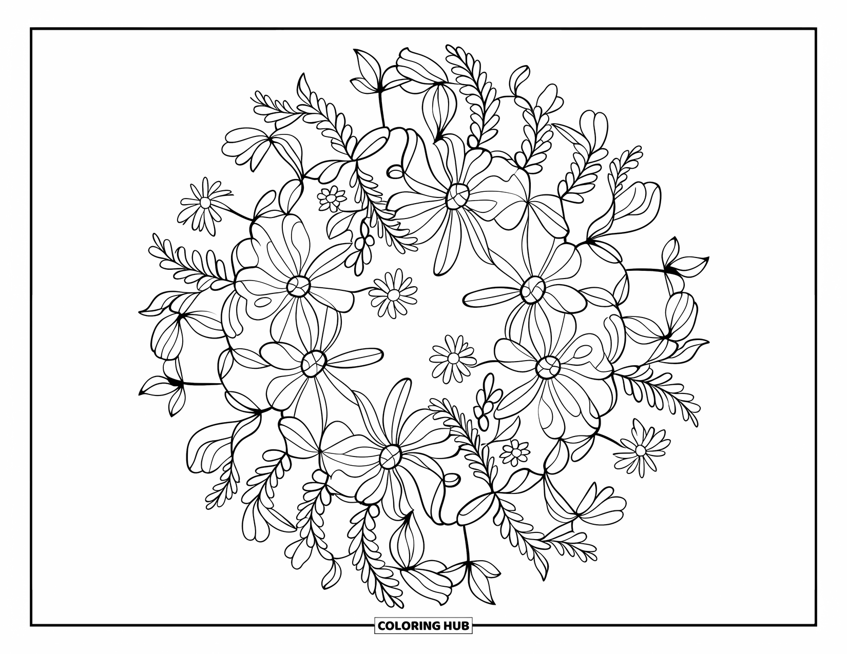 Spring Mandala Coloring Page for Kids: Flower-filled wreath forms a seamless spring mandala with vines and leaves