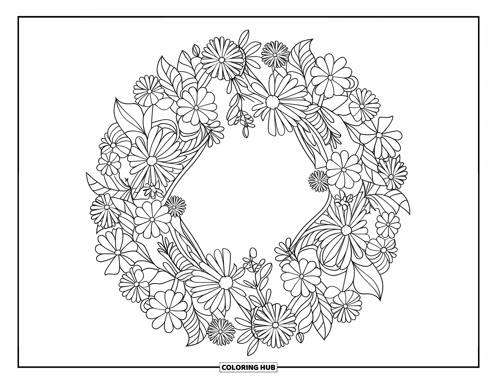 Spring Mandala Coloring Page for Kids: Full-page floral mandala made of spring vines, flowers, and leafy curls