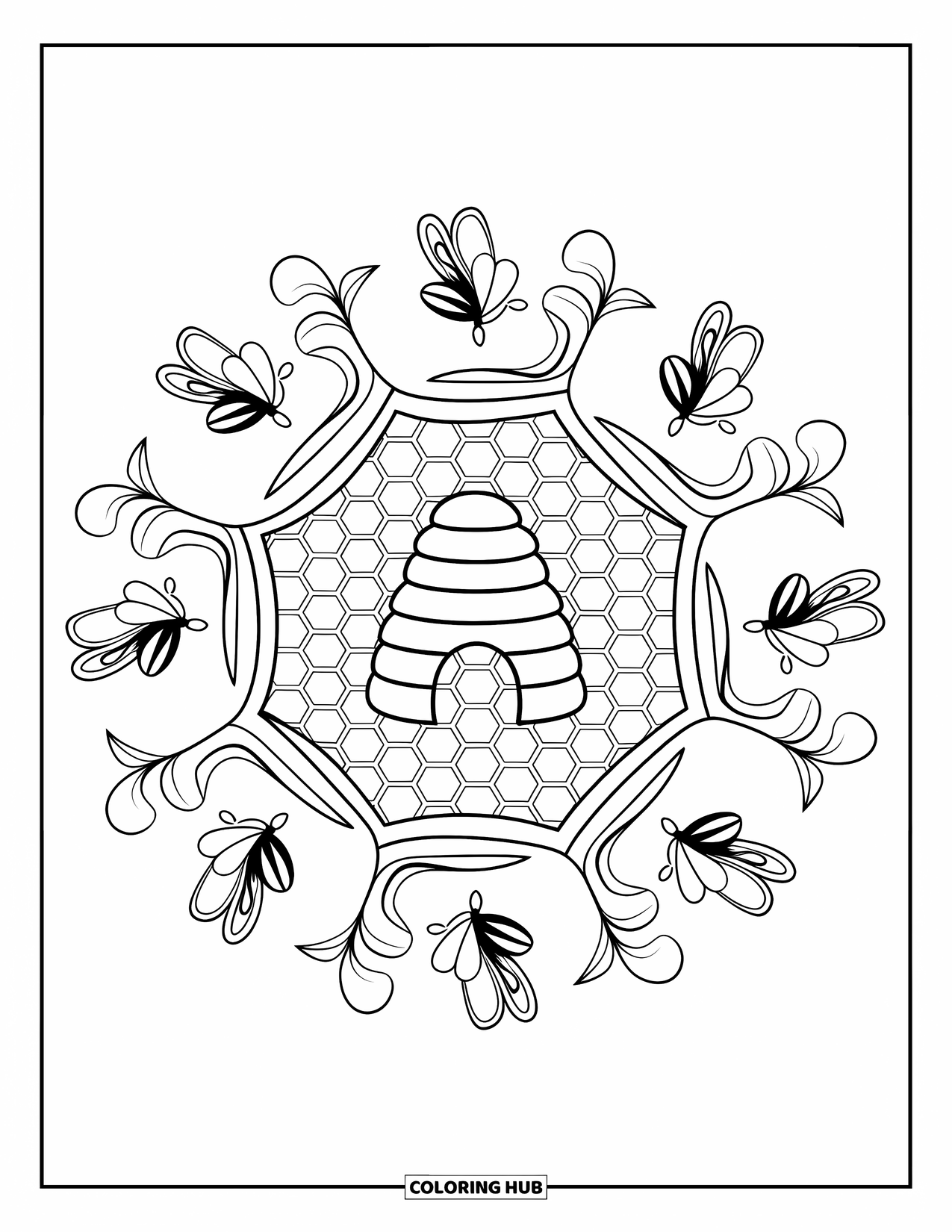 Spring Mandala Coloring Page for Kids: Honeycomb and flowers surround a central hive in a spring bee mandala