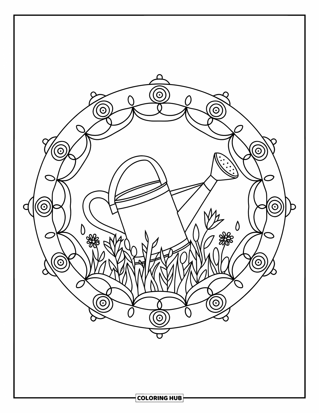 Spring Mandala Coloring Page for Kids: Leafy vines and flowers surround a watering can in a fun spring mandala