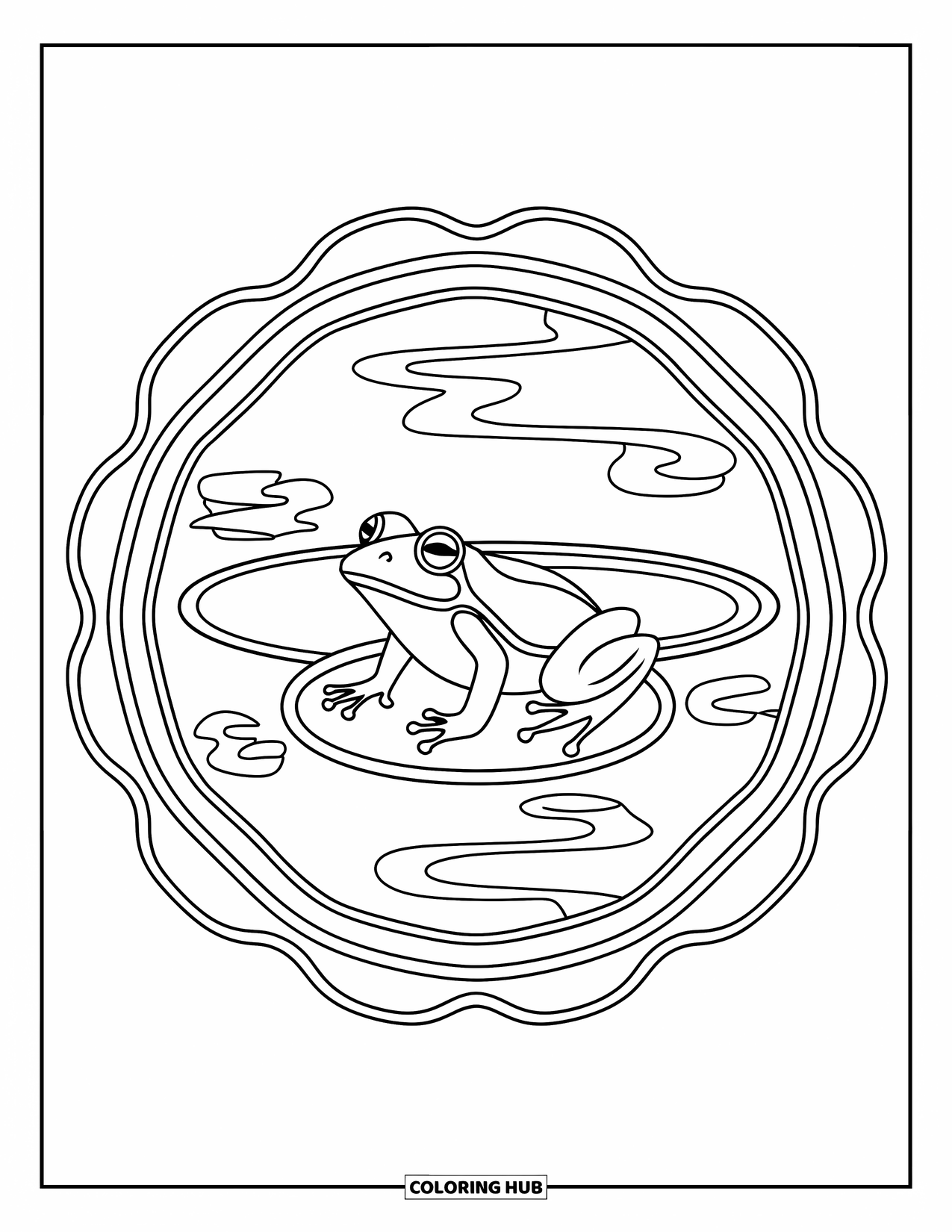 Spring Mandala Coloring Page for Kids: Lily pad and frog float in layered water ripples shaped like a mandala