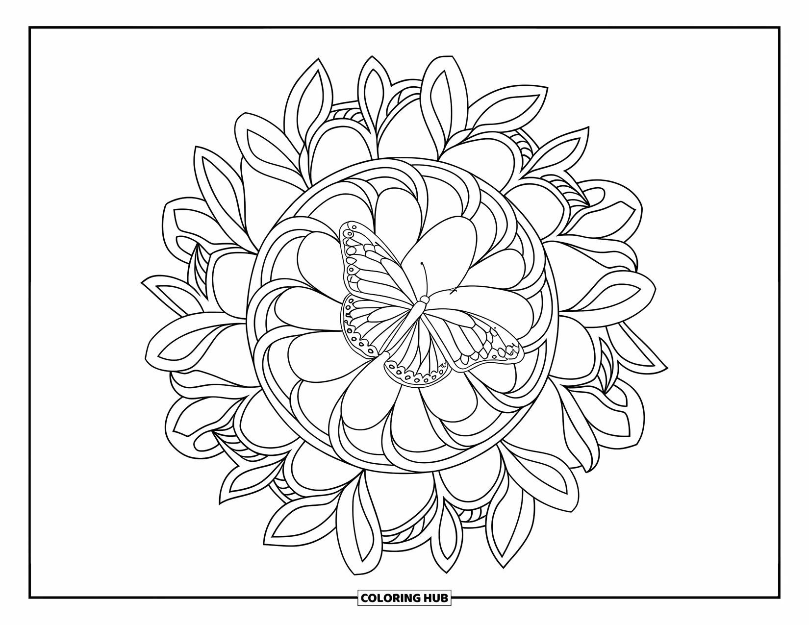 Spring Mandala Coloring Page for Kids: Mandala of leaves and vines frames a butterfly resting on a flower