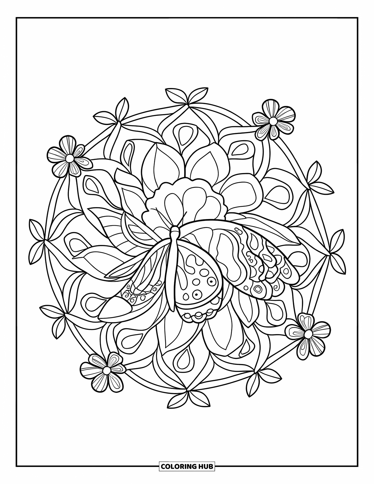 Spring Mandala Coloring Page for Kids: Mandala of spring blooms surrounds a butterfly with patterned wings