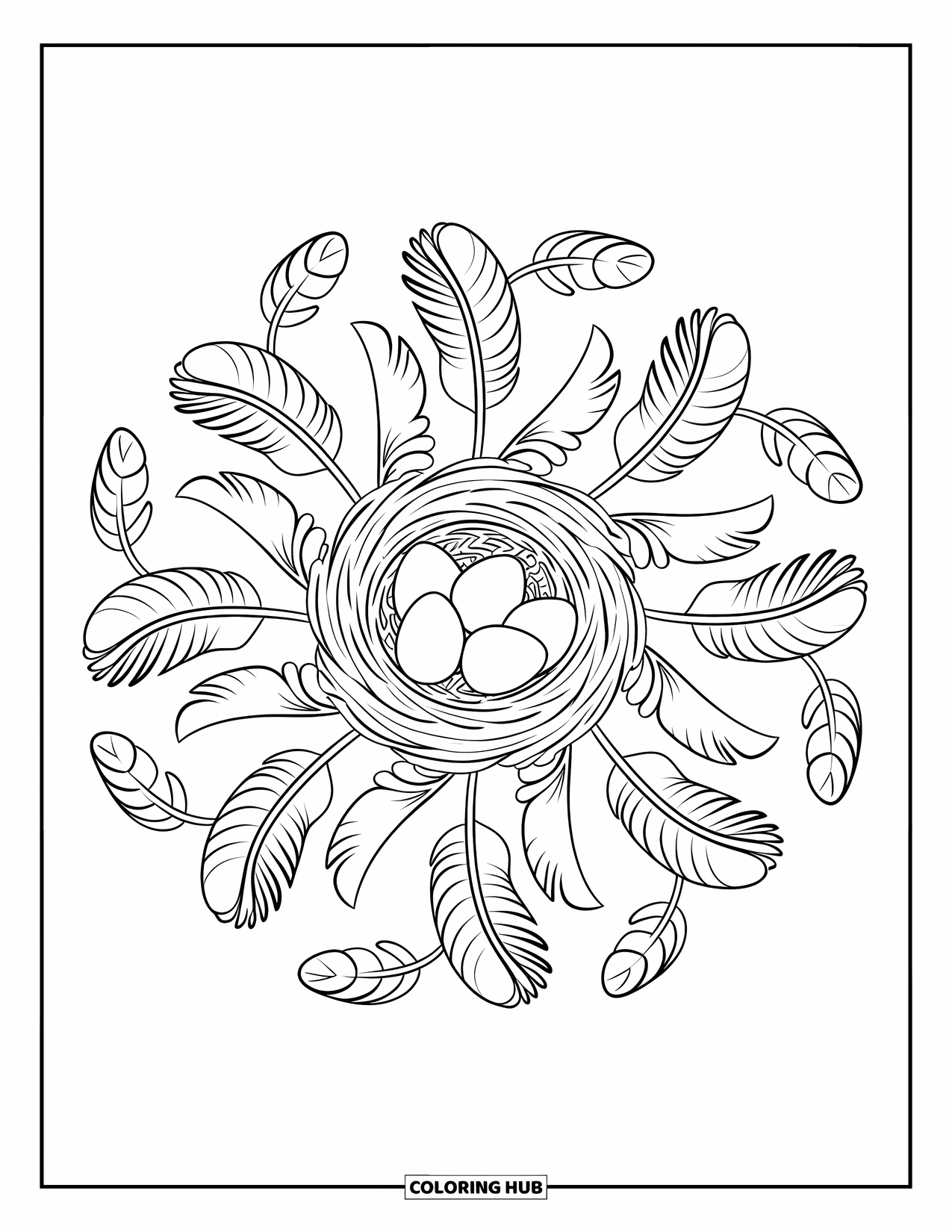 Spring Mandala Coloring Page for Kids: Nest with three eggs is centered in a mandala of feathers and vines