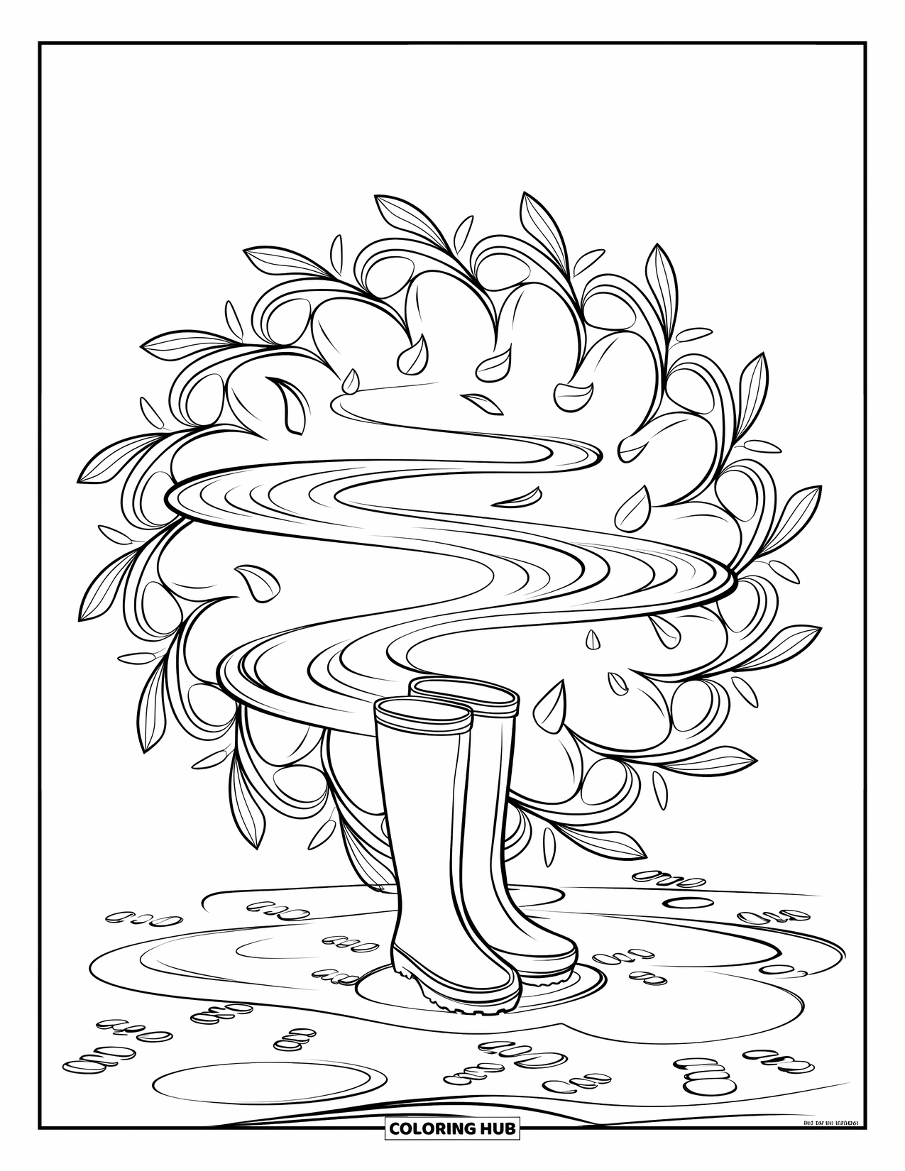 Spring Mandala Coloring Page for Kids: Rainboots rest in mud with footprints and petal-patterned mandala shapes