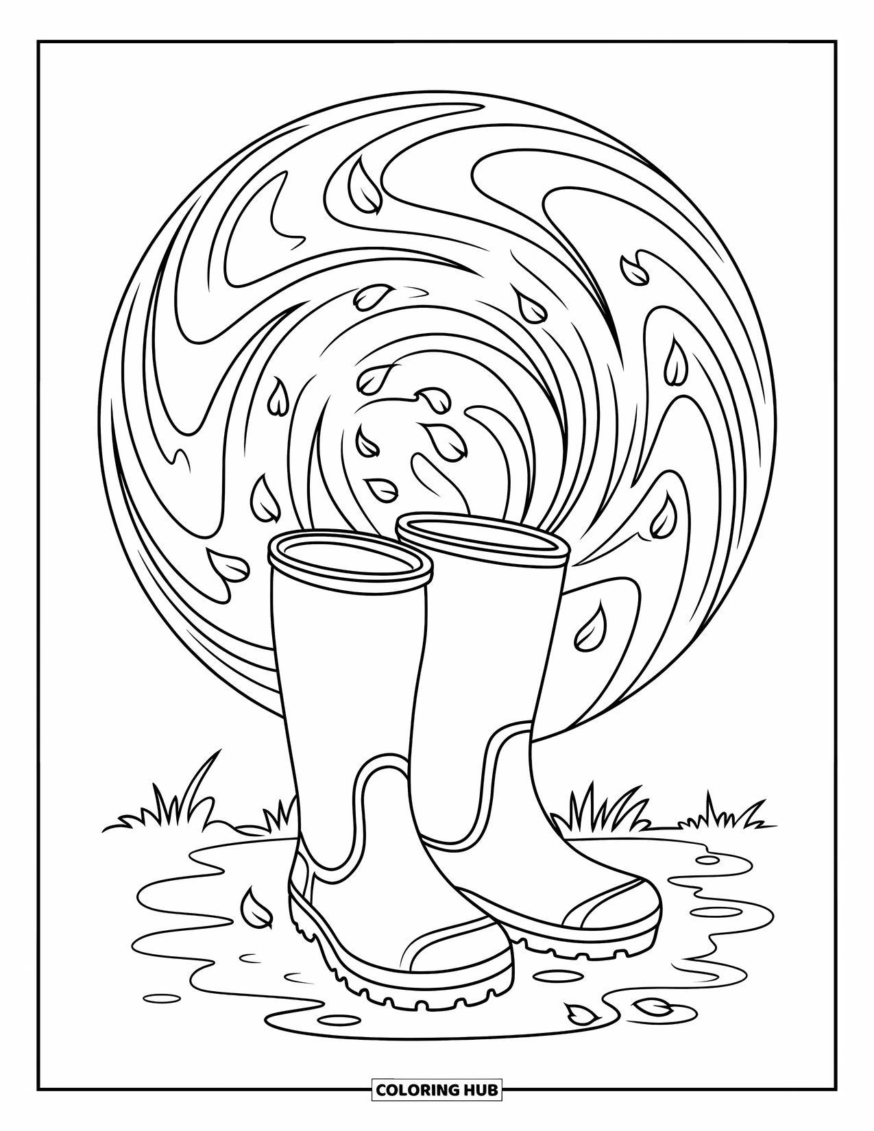 Spring Mandala Coloring Page for Kids: Rainboots stand in muddy ground, surrounded by petals and swirling water