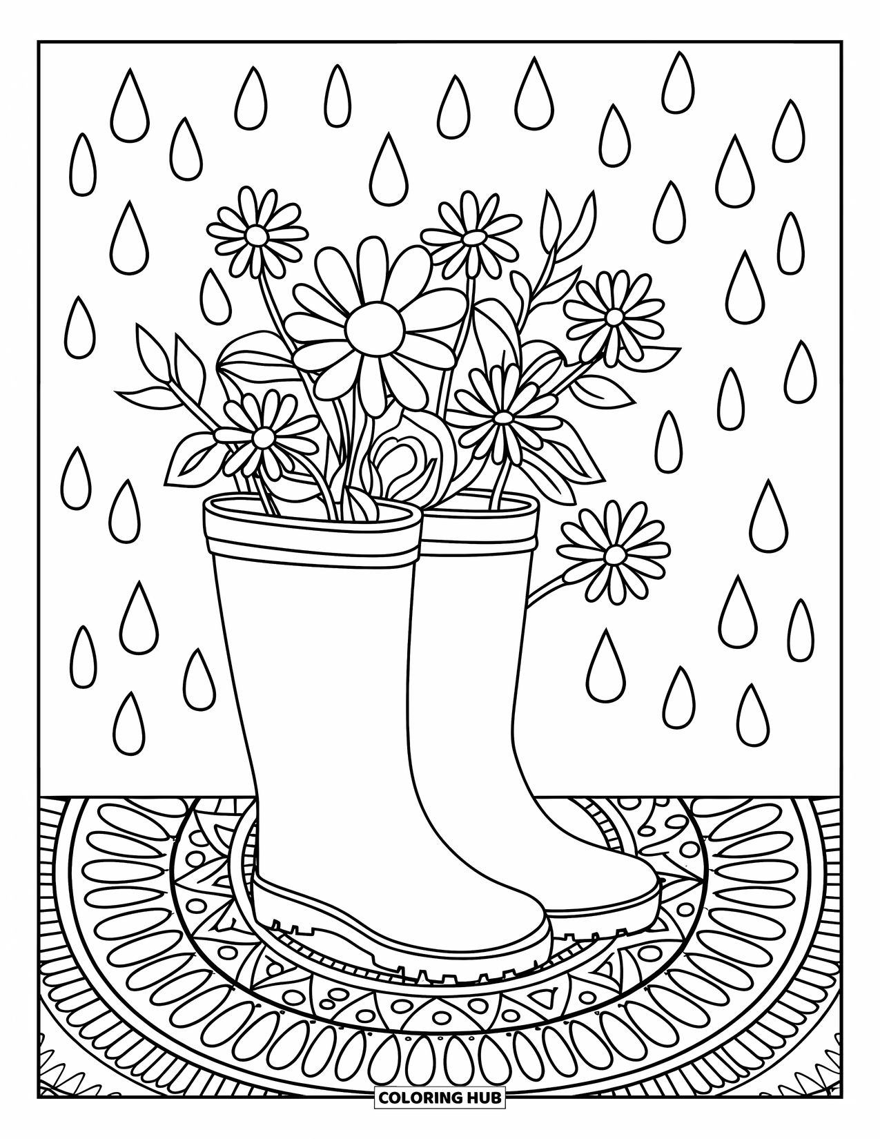 Spring Mandala Coloring Page for Kids: Raindrop patterns frame boots filled with flowers in a spring mandala
