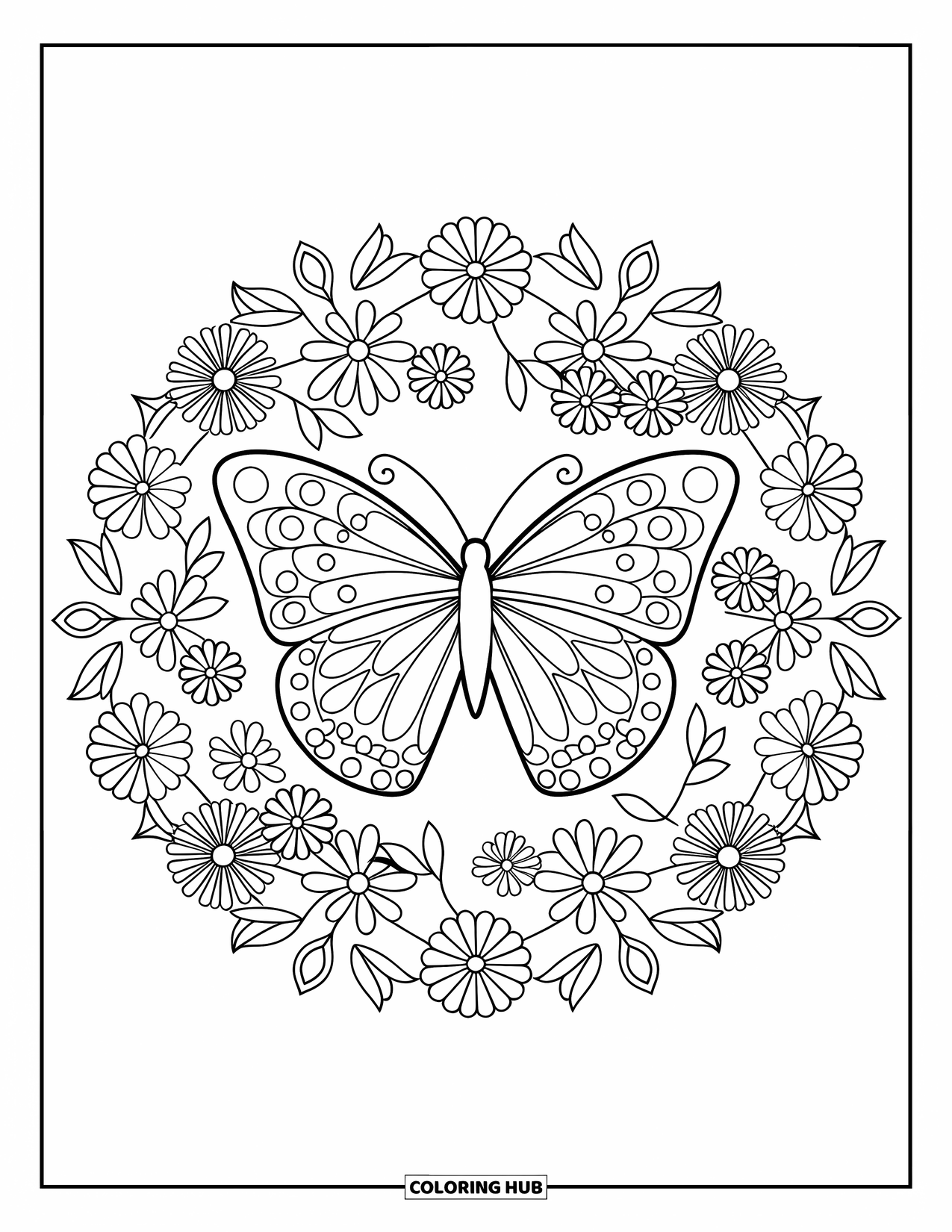 Spring Mandala Coloring Page for Kids: Spring mandala highlights a butterfly with dotted wings and swirling floral patterns