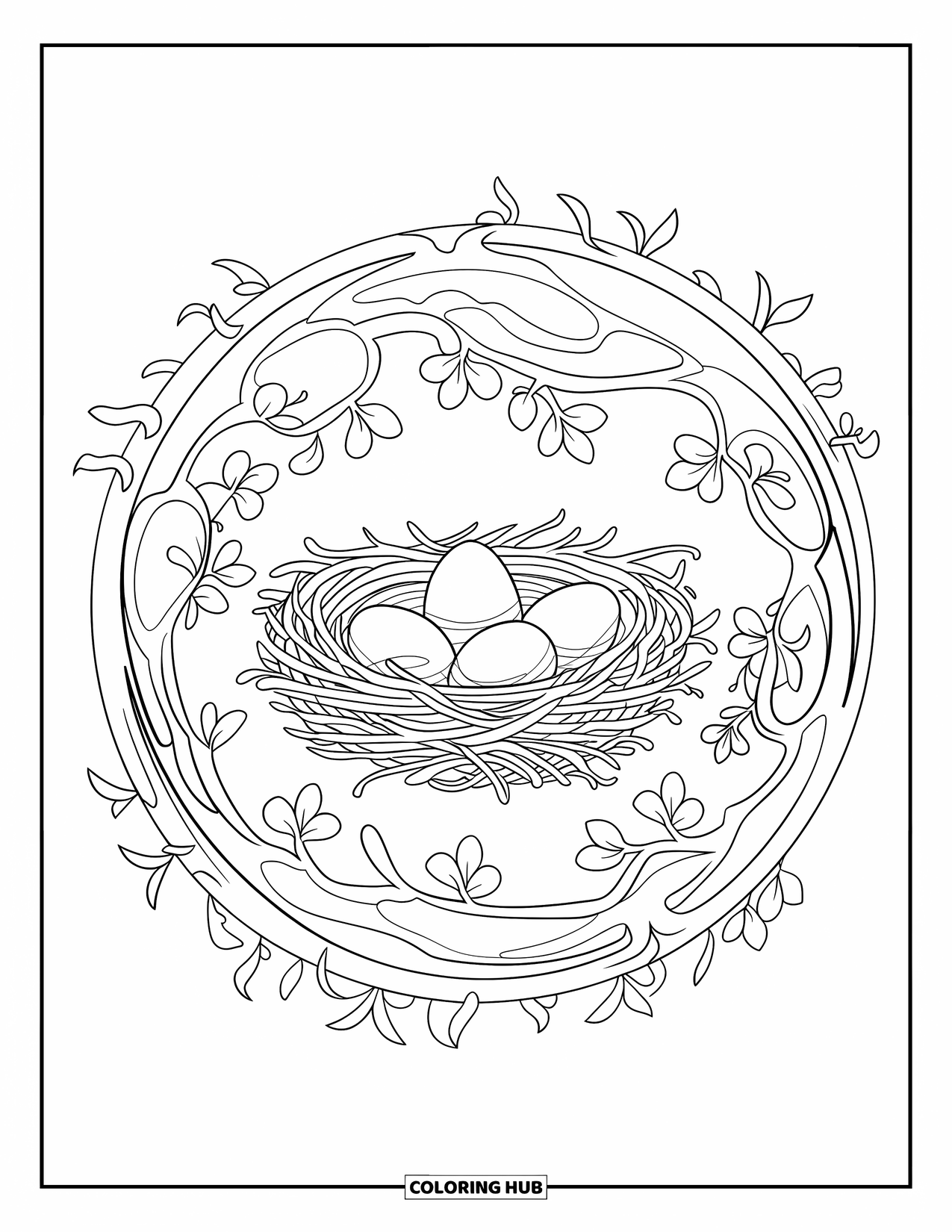 Spring Mandala Coloring Page for Kids: Spring nest and twigs form the heart of a floral vine mandala