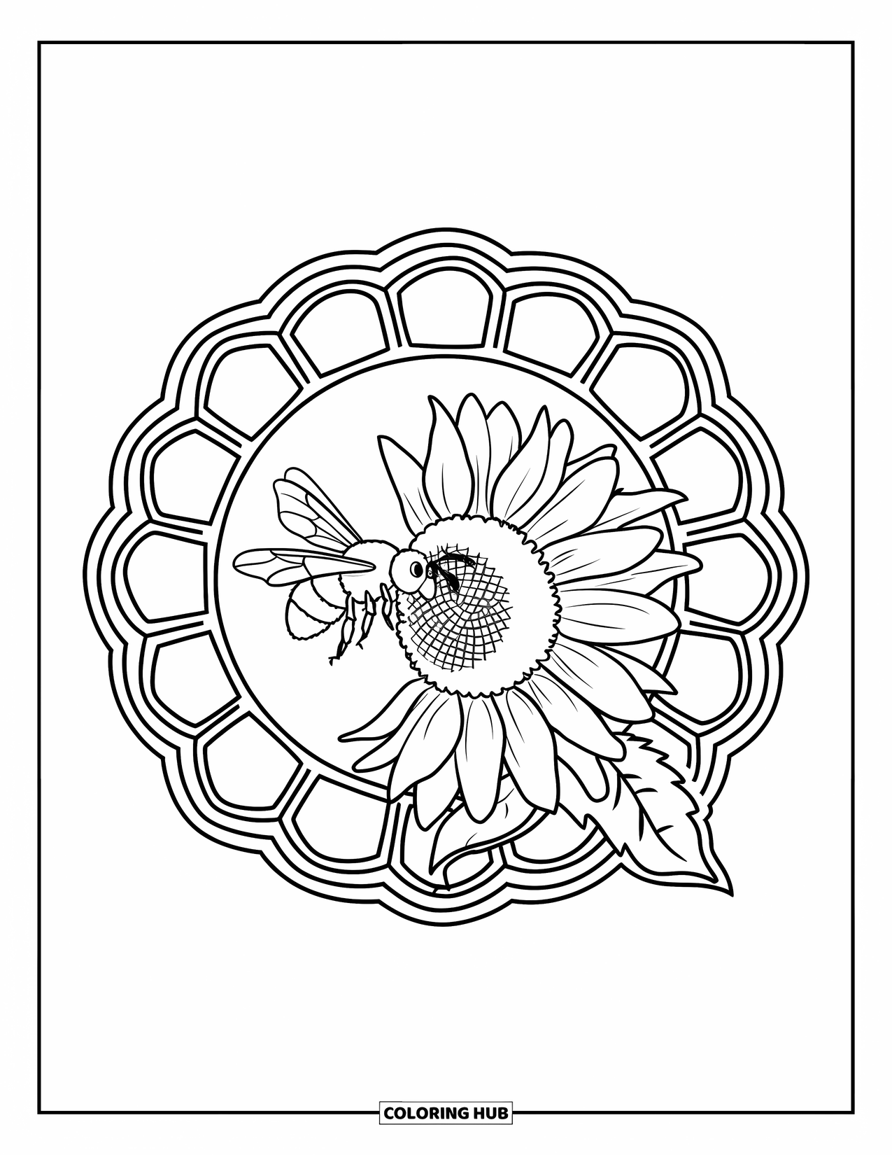 Spring Mandala Coloring Page for Kids: Sunflower and bee sit inside a fun mandala of honeycomb shapes