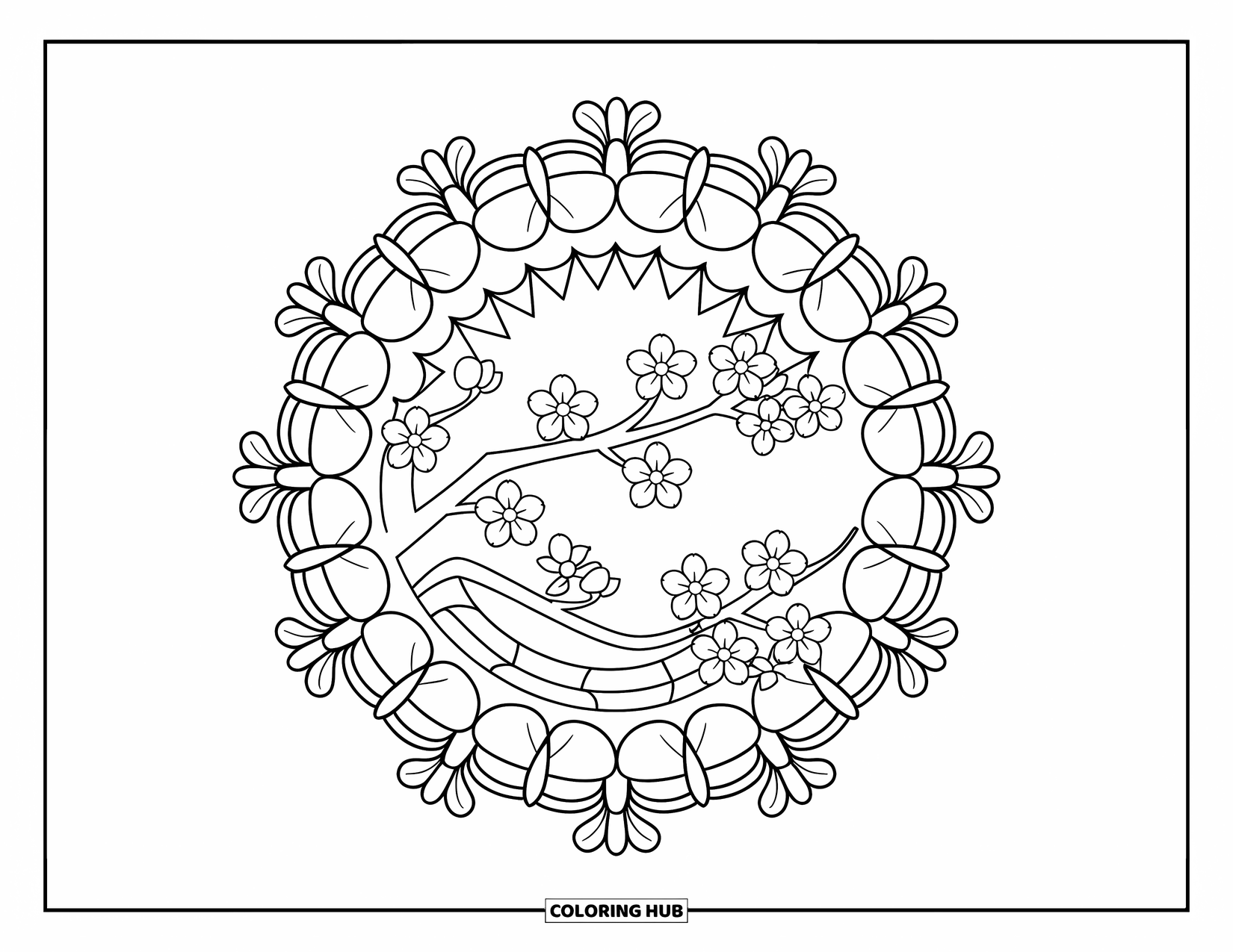 Spring Mandala Coloring Page for Kids: Tree branch with cherry blossoms is centered in a floral sunray mandala