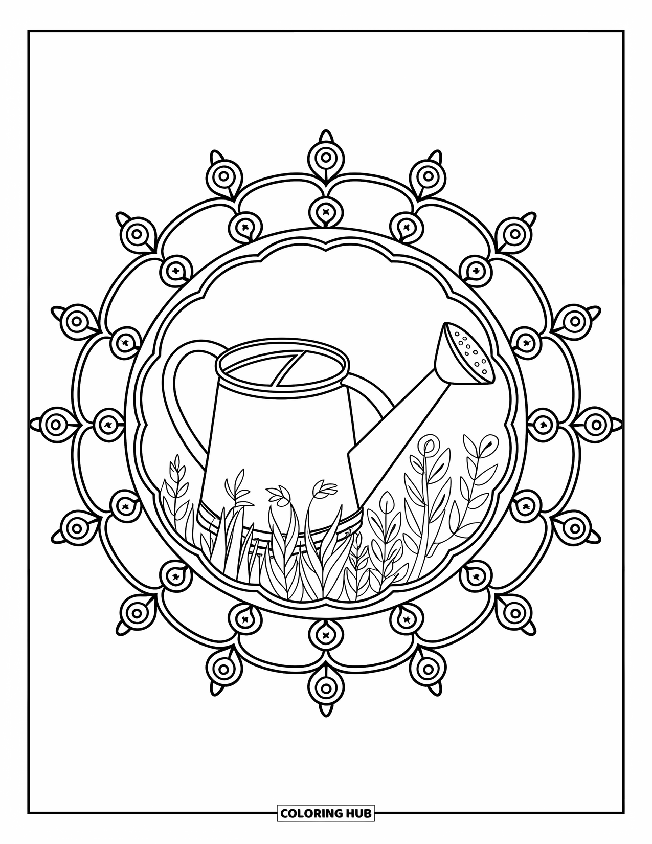 Spring Mandala Coloring Page for Kids: Watering can is surrounded by growing plants and swirls in a spring mandala