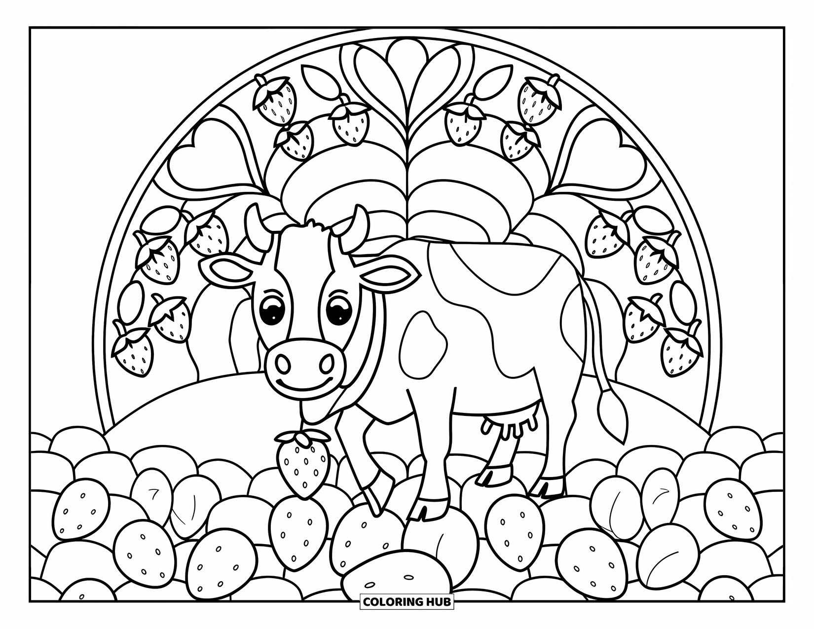 Strawberry Cow Coloring Page for Adults: Cow holding a strawberry while standing in a field of berries