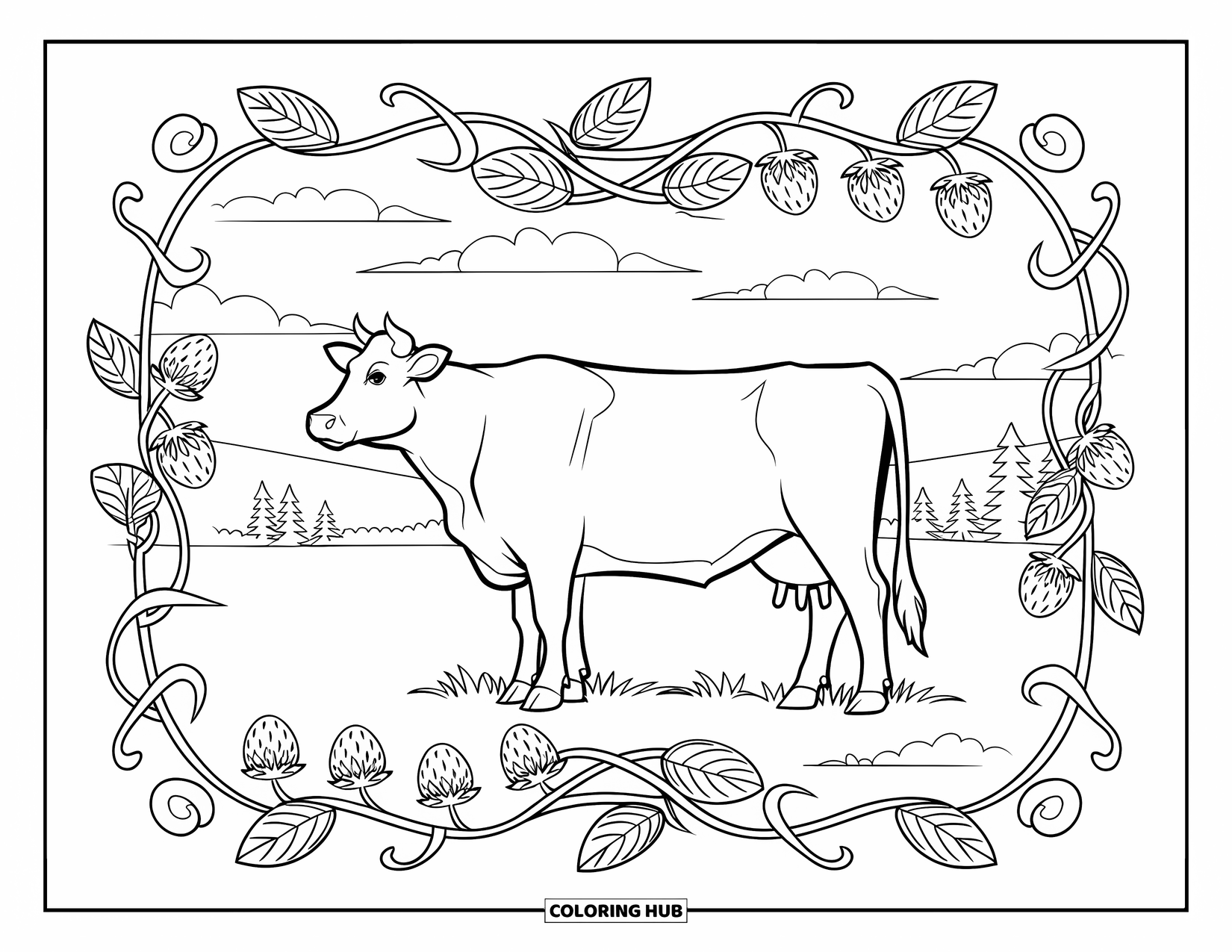 Strawberry Cow Coloring Page for Adults: Cow in a grassy field framed by strawberry curls and vines