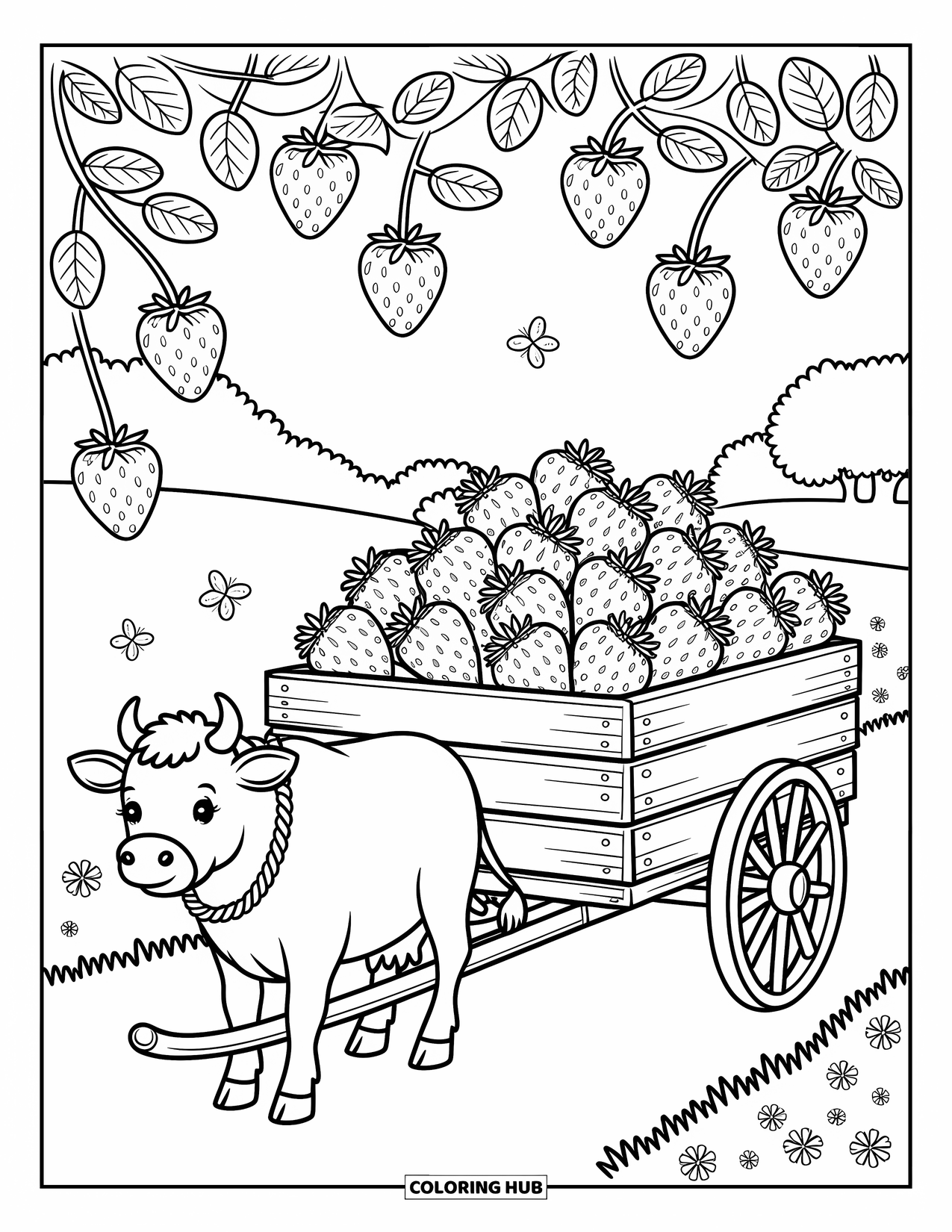 Strawberry Cow Coloring Page for Adults: Cow pulling a pushcart of strawberries with floral wheels and trailing vines