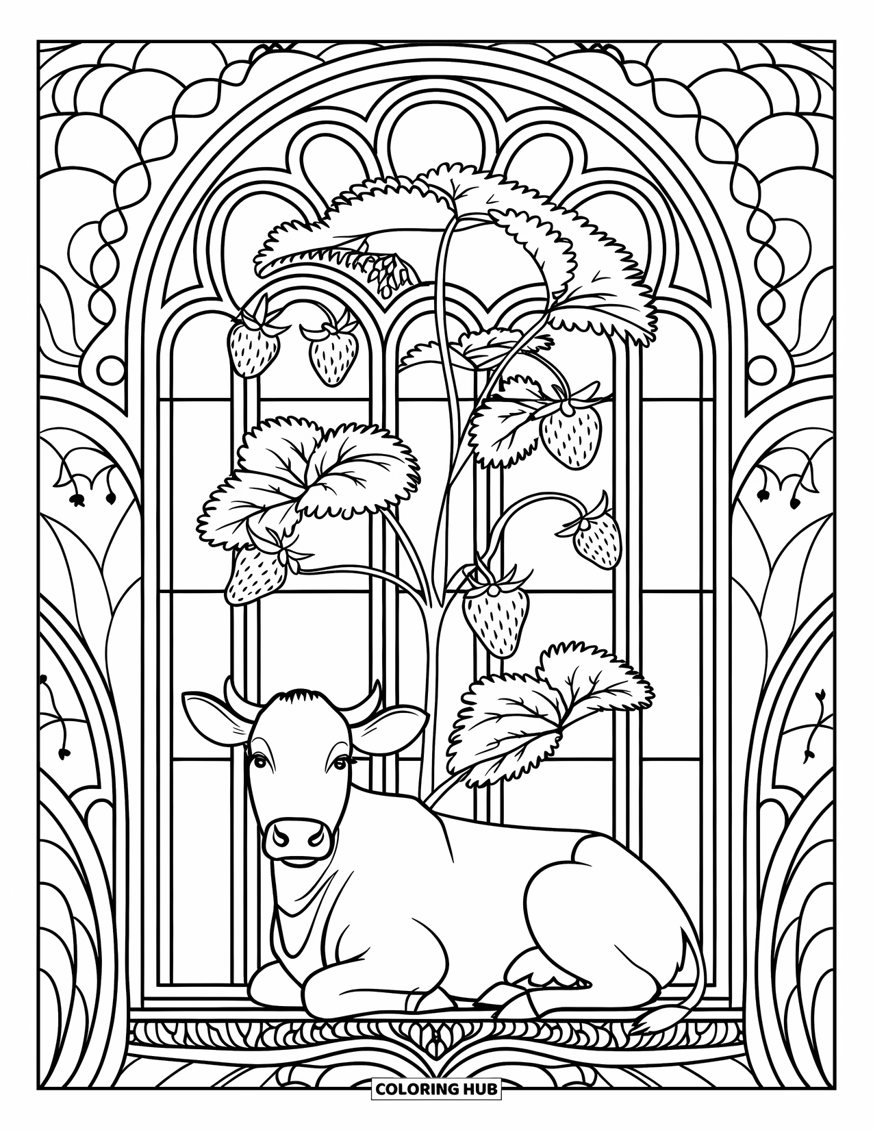 Strawberry Cow Coloring Page for Adults: Cow sitting at the base of a strawberry plant with stained glass arches