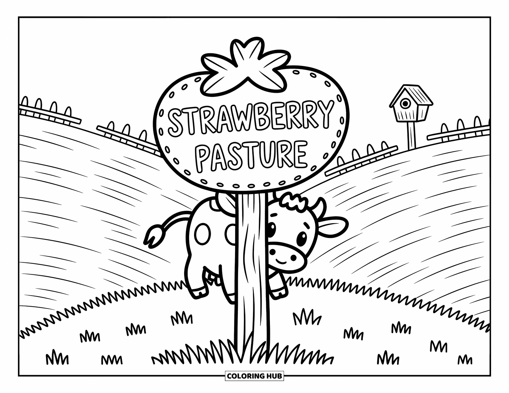 Strawberry Cow Coloring Page for Adults: Curious cow hides behind a wooden strawberry signpost on grassy hills