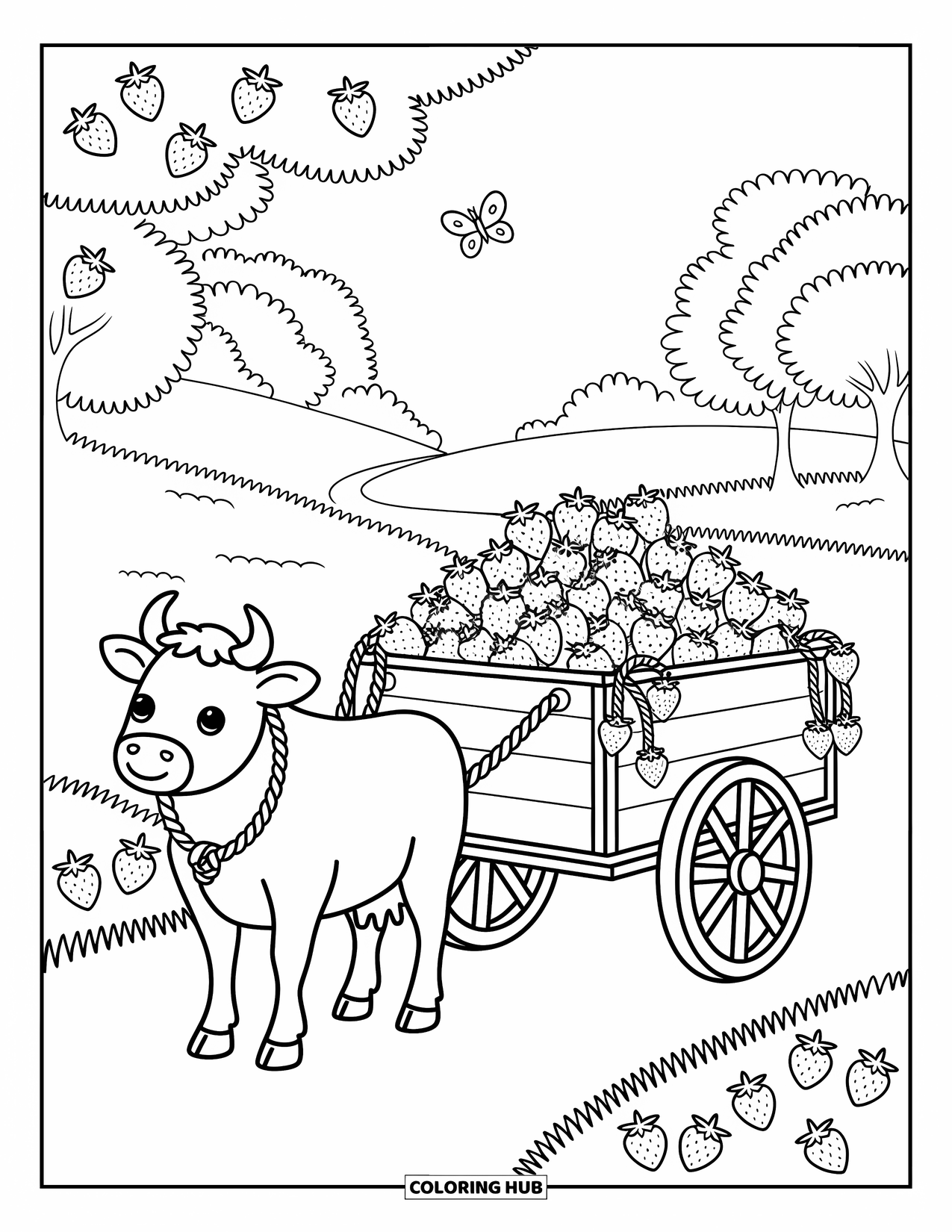 Strawberry Cow Coloring Page for Adults: Pushcart of strawberries with vines and butterflies pulled by a gentle cow