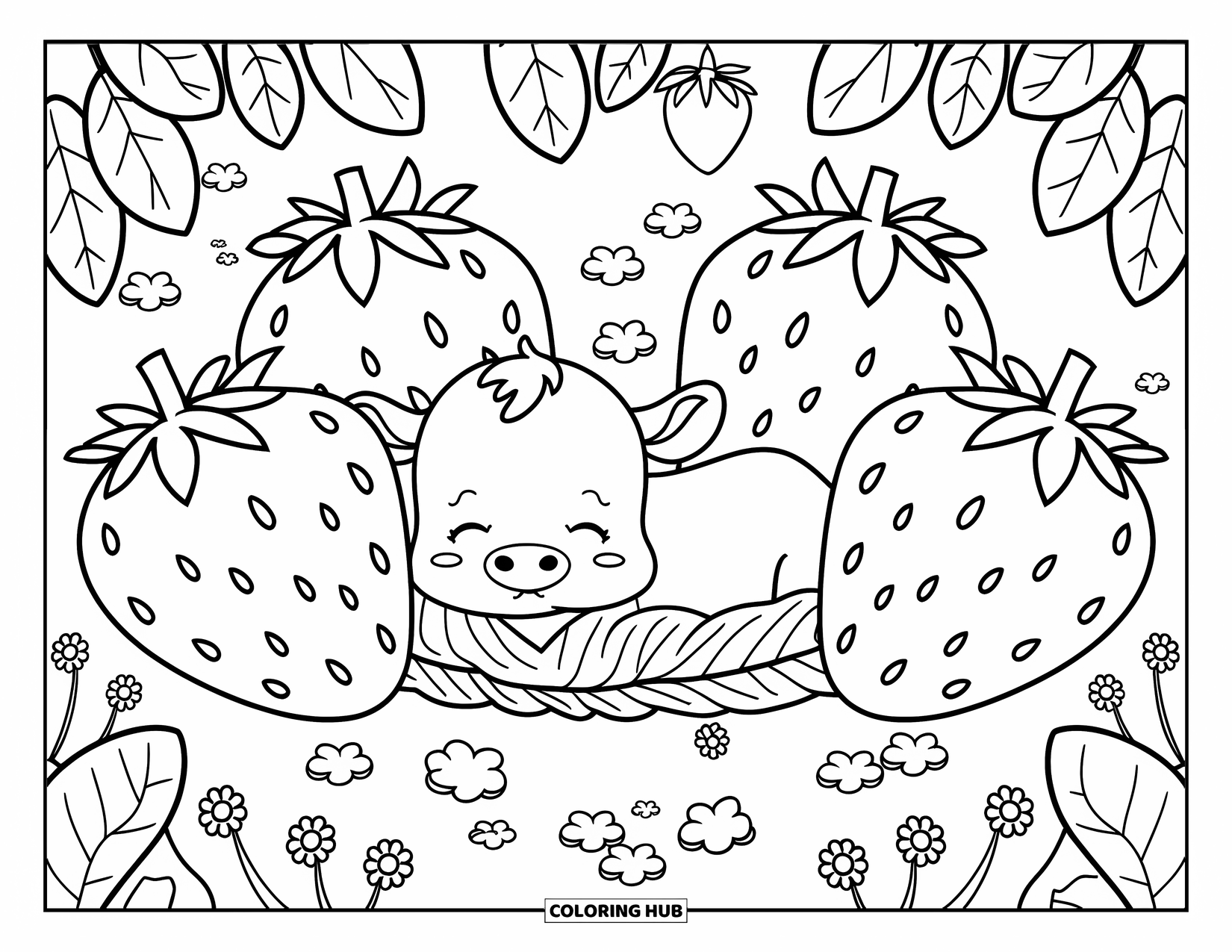 Strawberry Cow Coloring Page for Kids: Baby cow nestled under strawberry bushes with clovers and daisies around