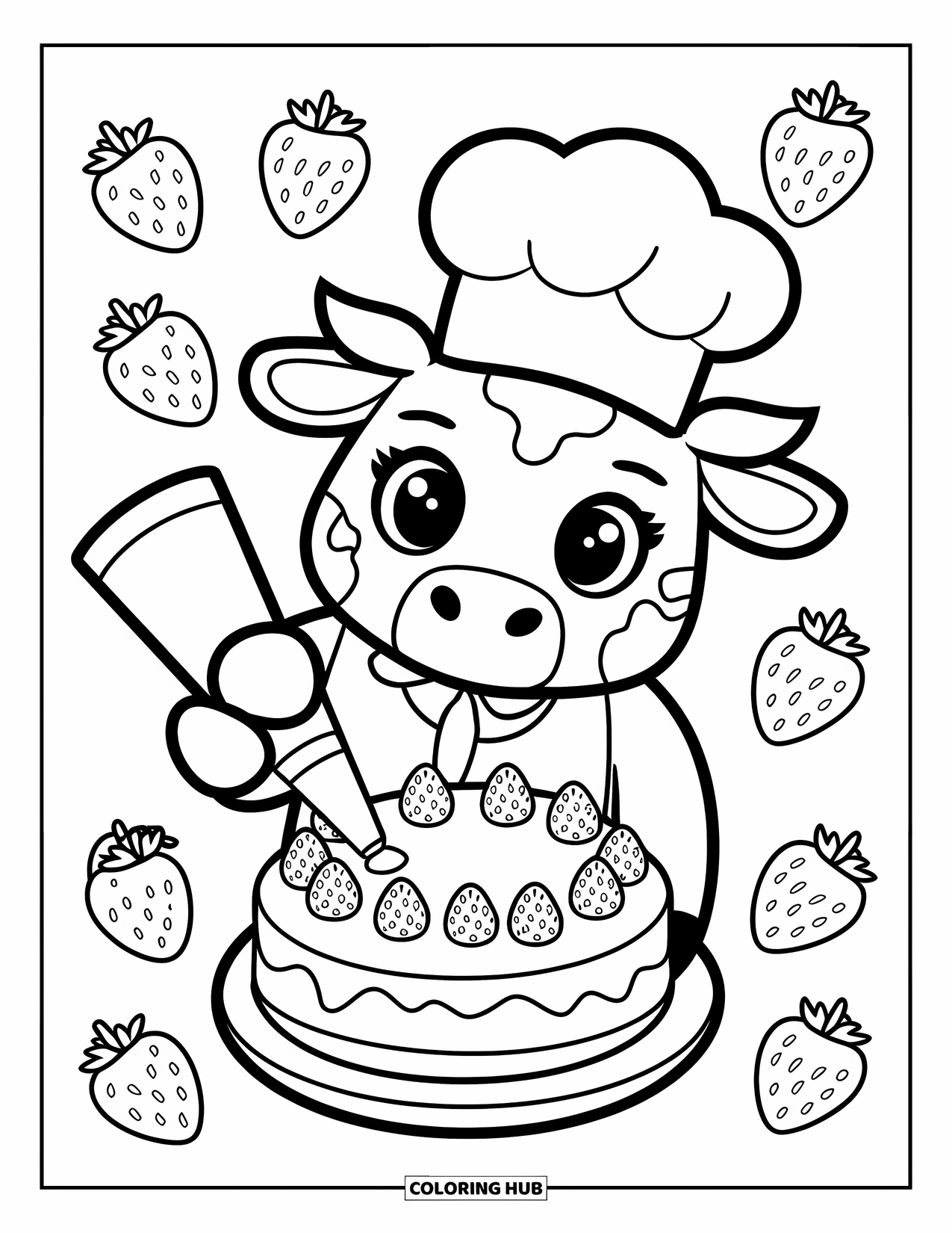 Strawberry Cow Coloring Page for Kids: Cow chef piping cream onto a strawberry cake with berries all around