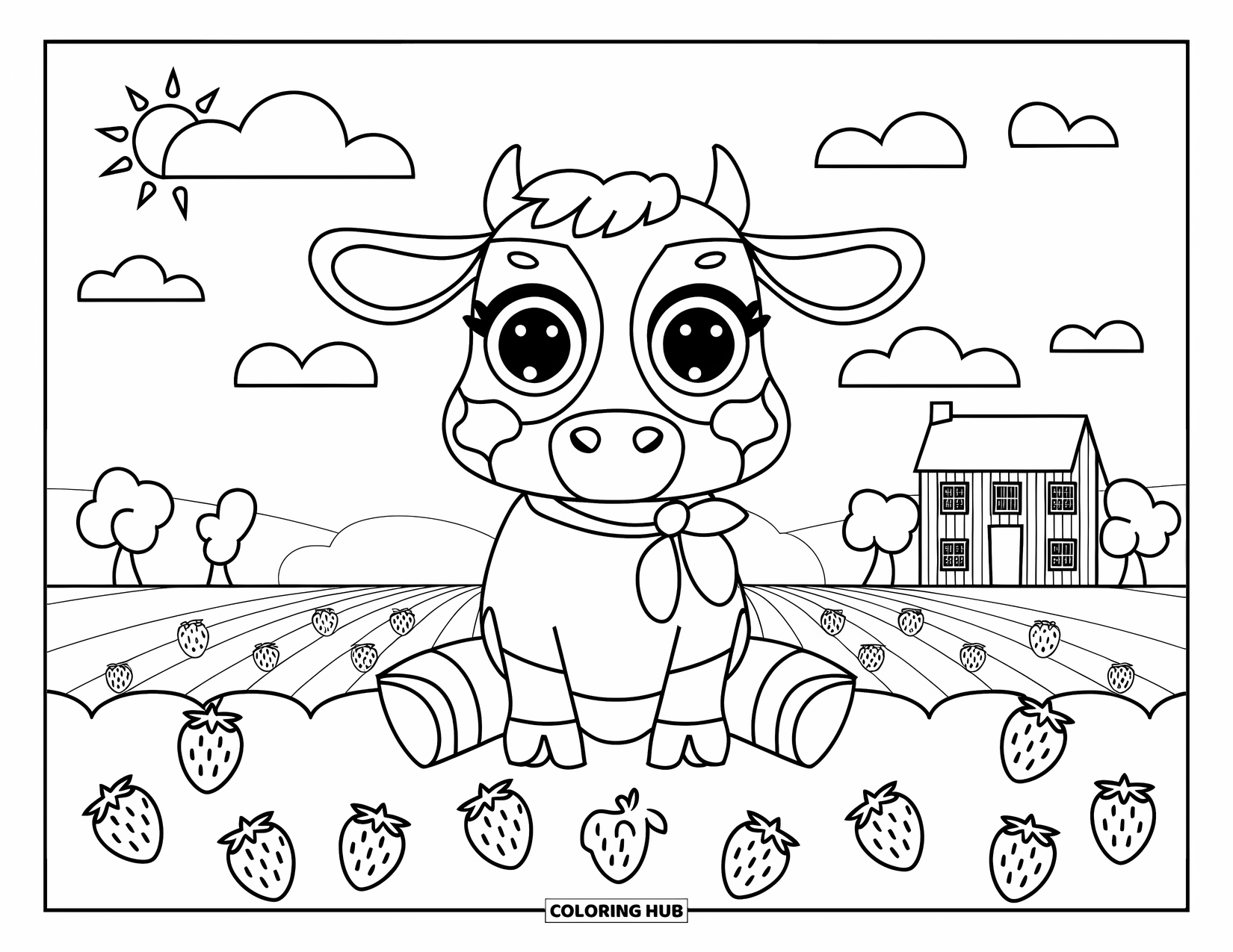 Strawberry Cow Coloring Page for Kids: Cow sitting in strawberry field with farmhouse and sunny sky