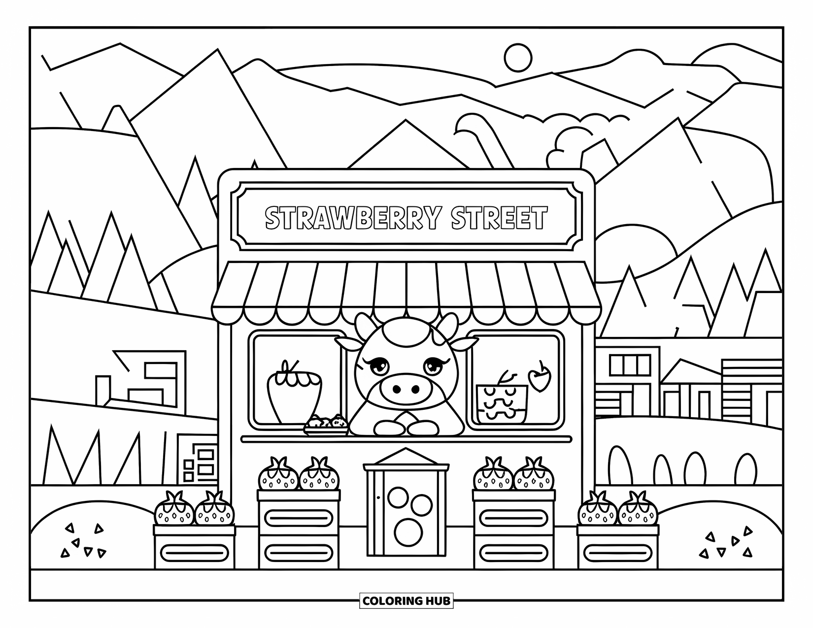 Strawberry Cow Coloring Page for Kids: Mini strawberry shop with a cow seller and crates nearby