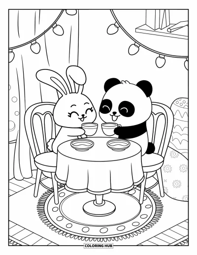 Coloriage de goûter pour adultes : Un lapin et un panda trinquent avec leurs tasses à thé à une table chaleureuse avec des guirlandes lumineuses