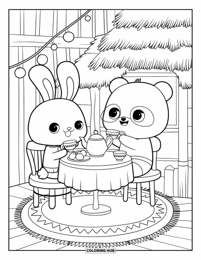 Coloriage de goûter pour adultes : Un lapin et un panda prennent le thé ensemble à une table ronde avec des guirlandes lumineuses